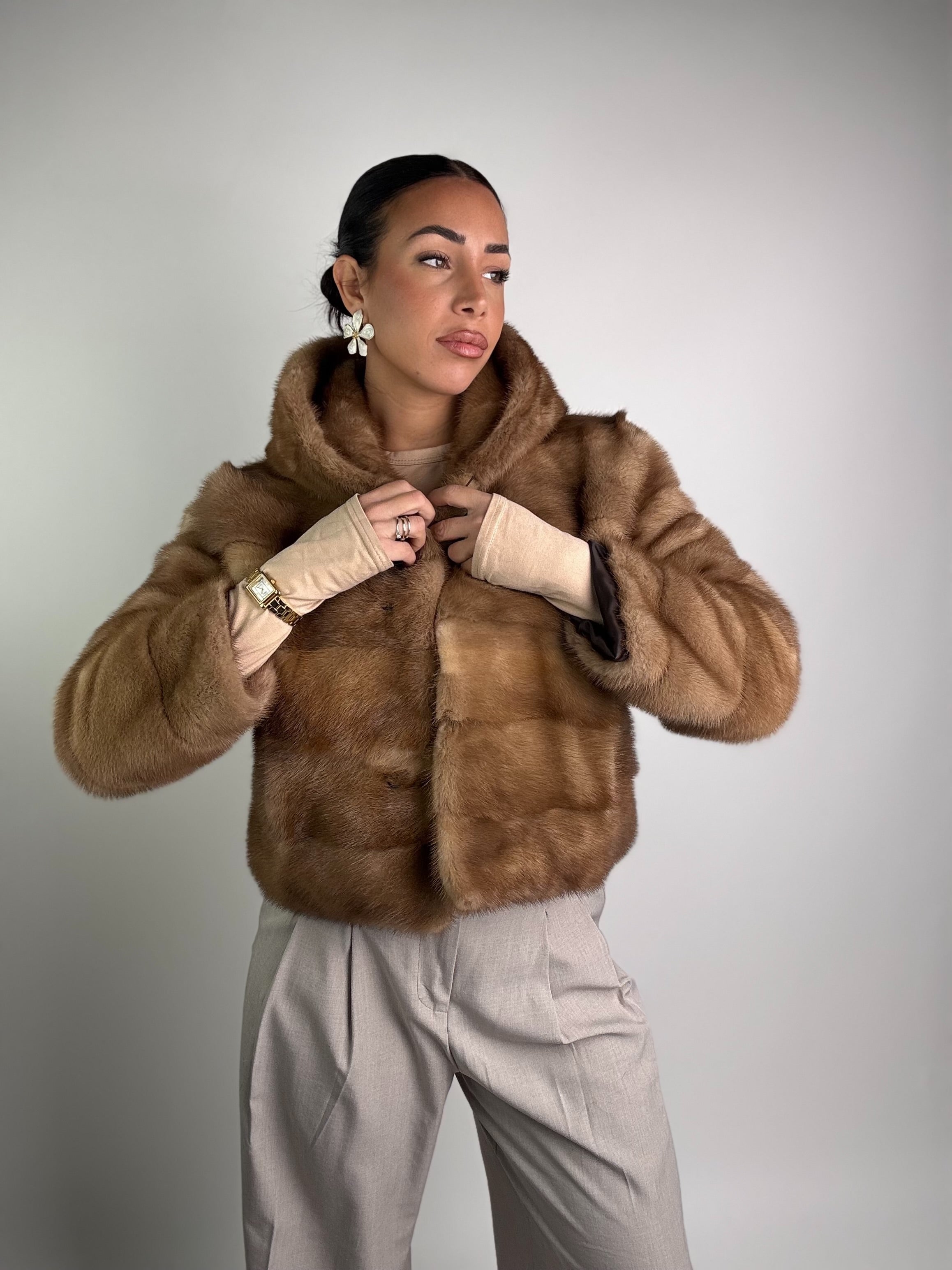 Mink vest with belt and hood