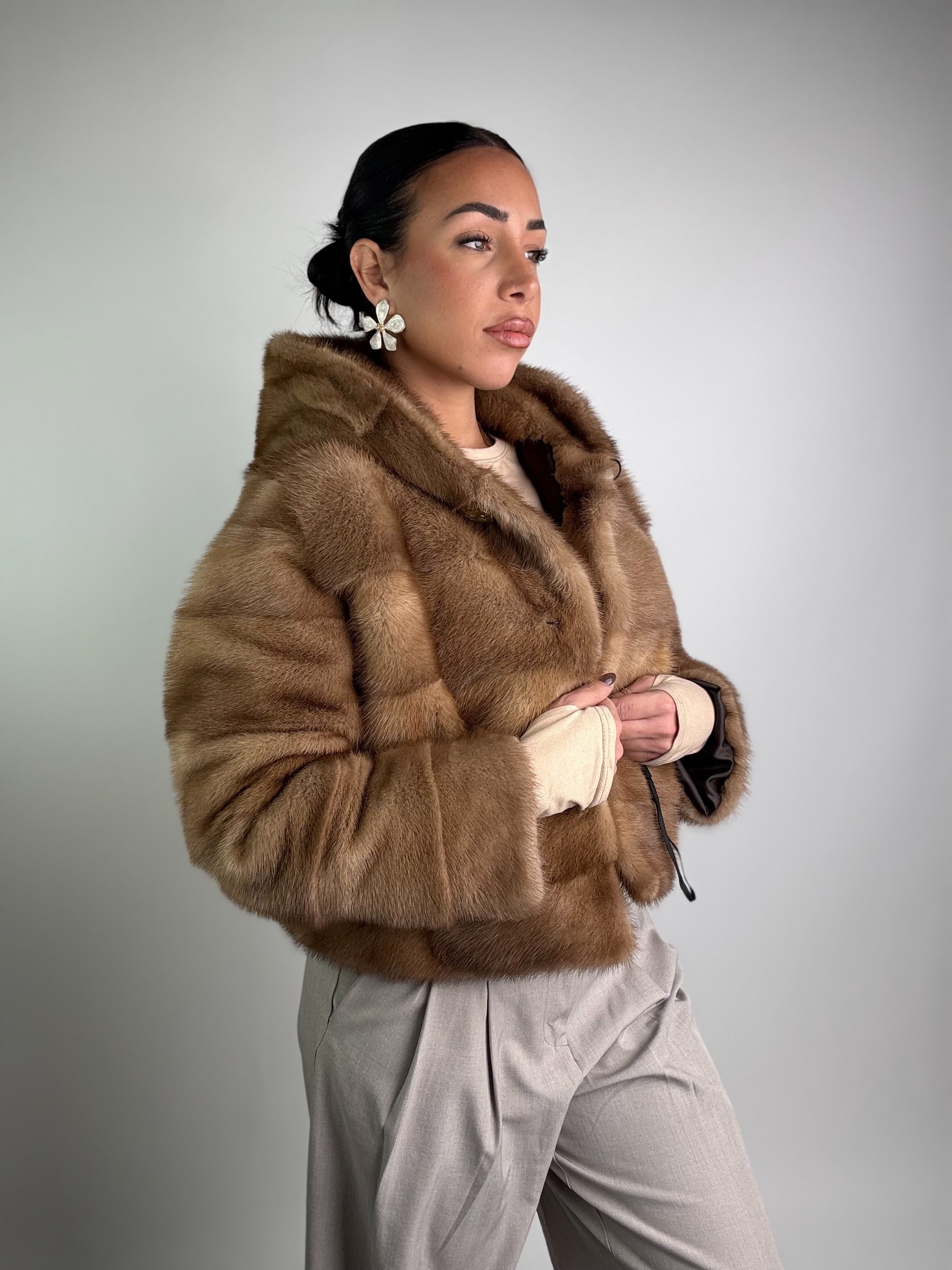 Mink vest with belt and hood