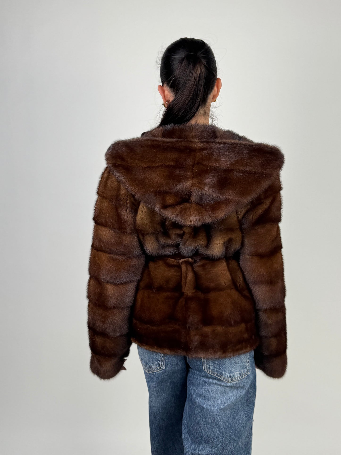 Mink jacket with belt and hood