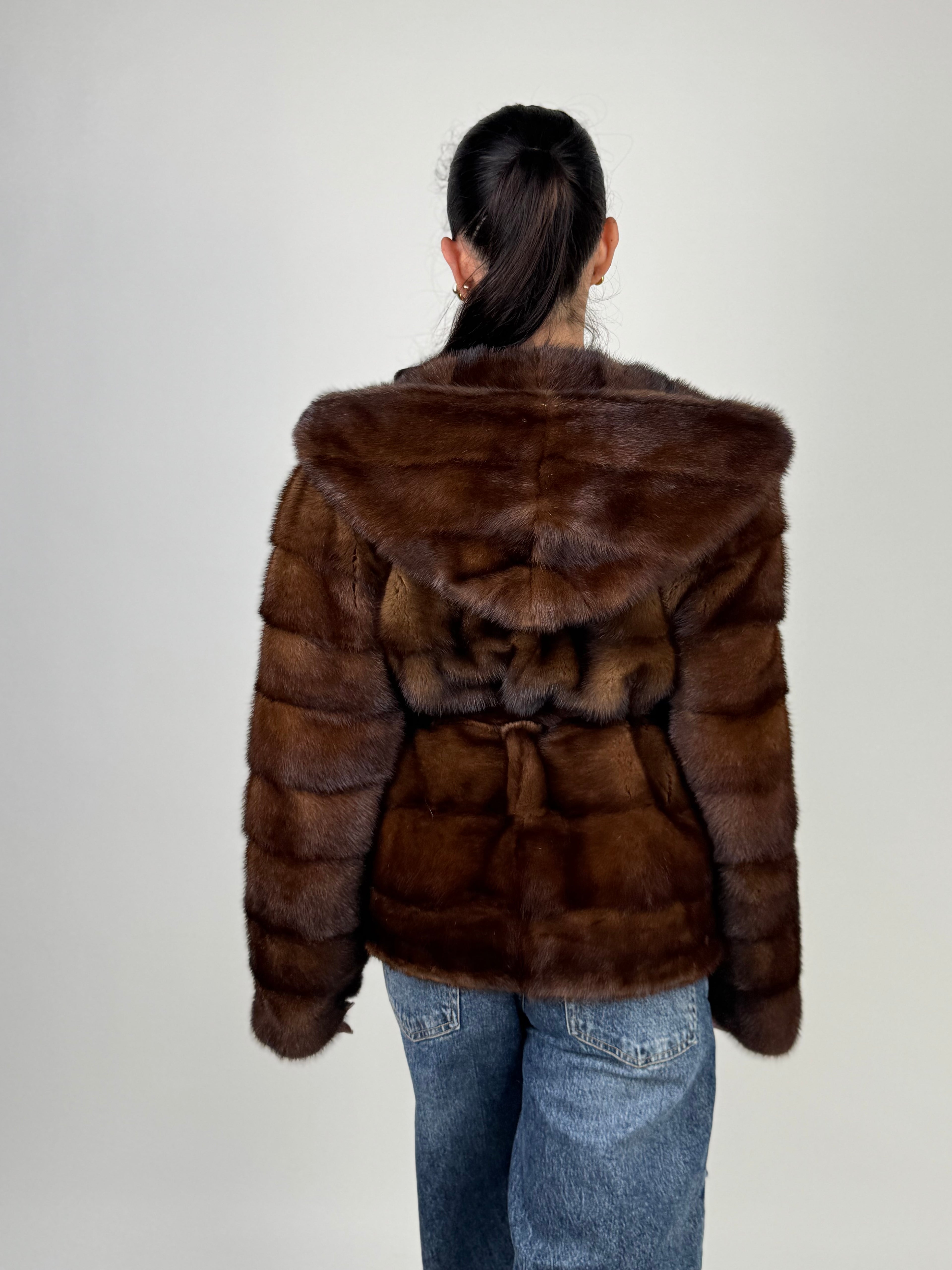 Mink jacket with belt and hood