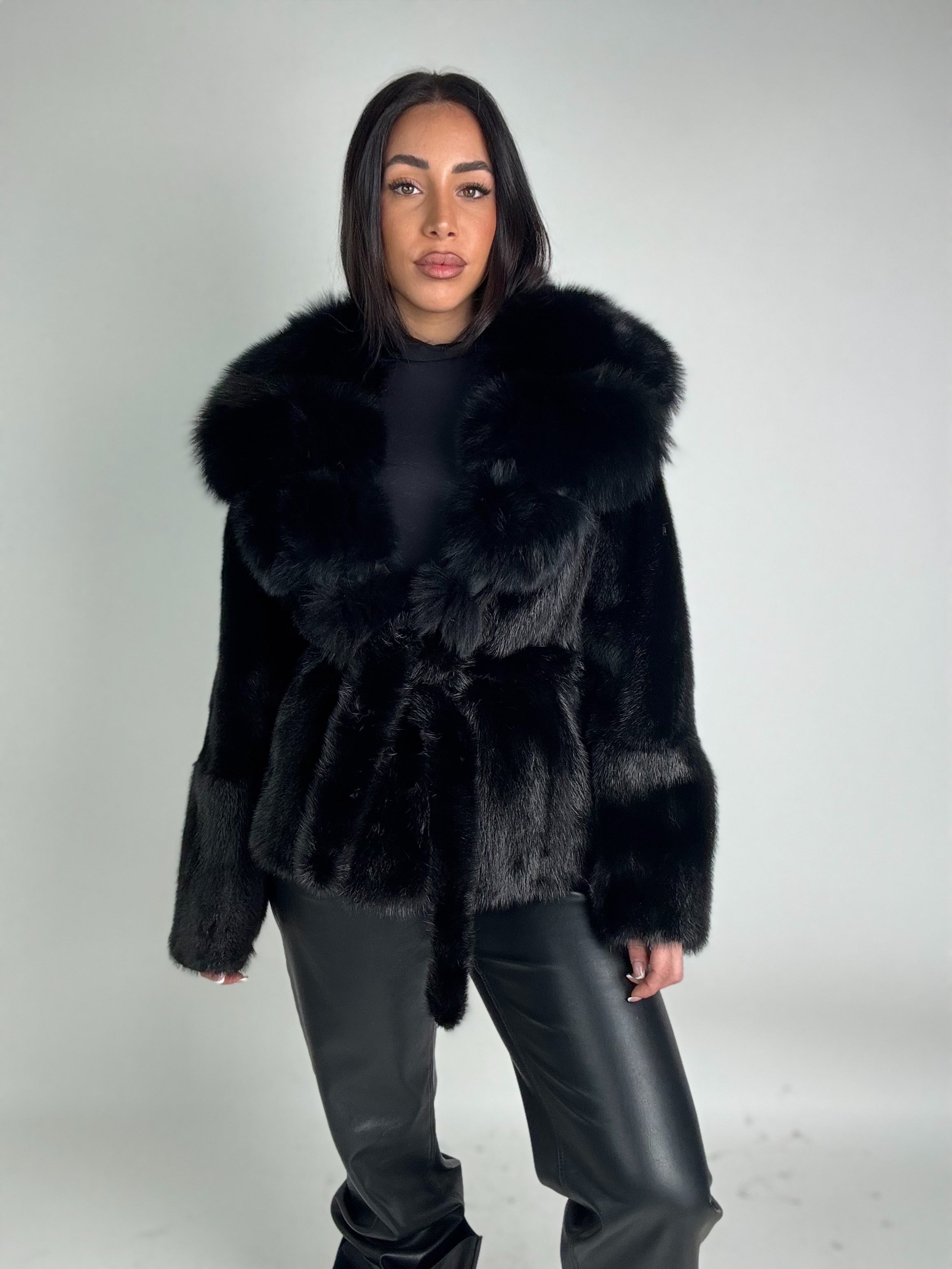 Mink jacket with belt and hood