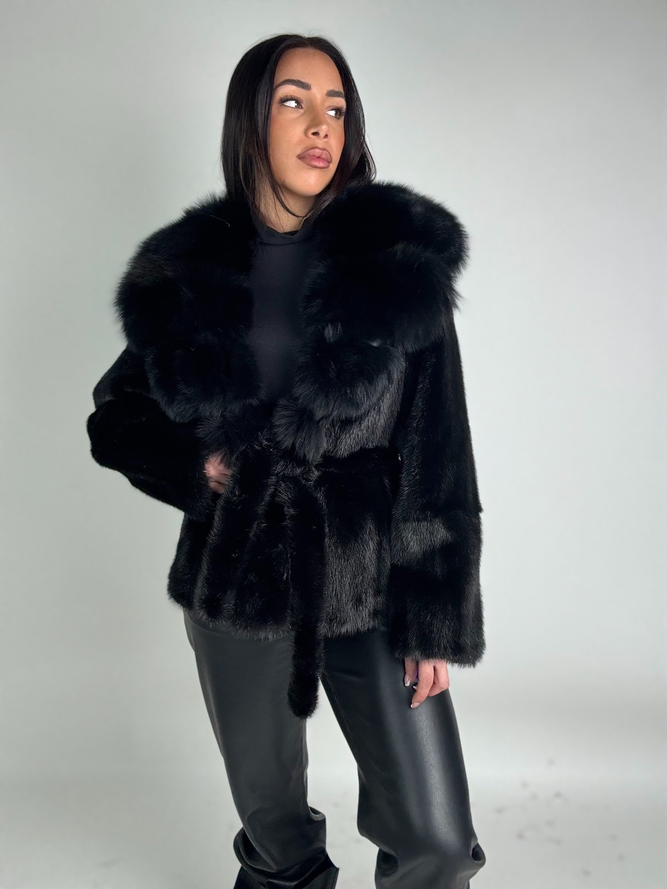 Mink jacket with belt and hood
