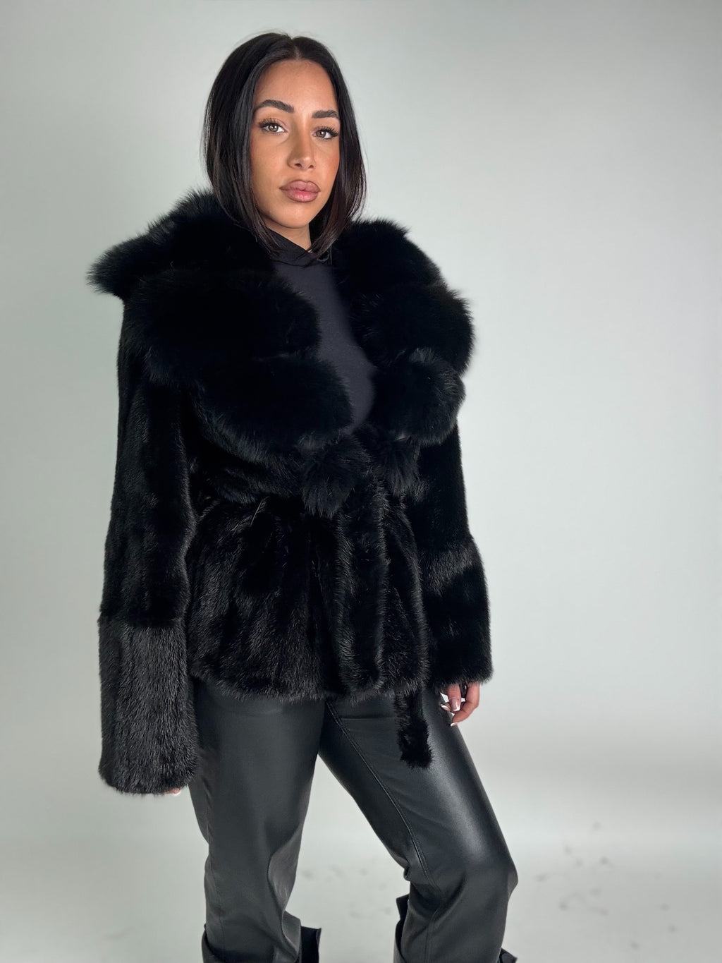 Mink jacket with belt and hood