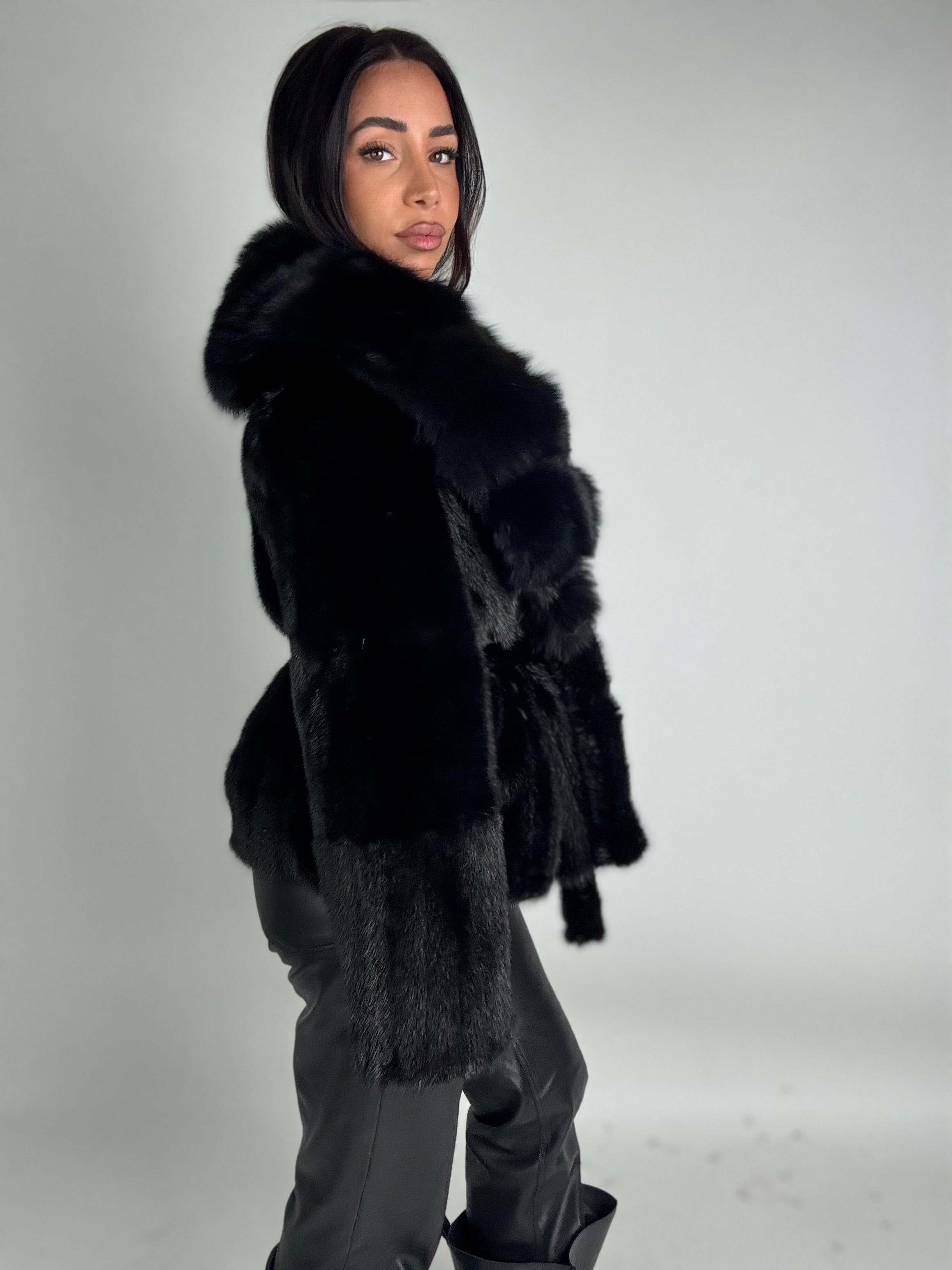 Mink jacket with belt and hood