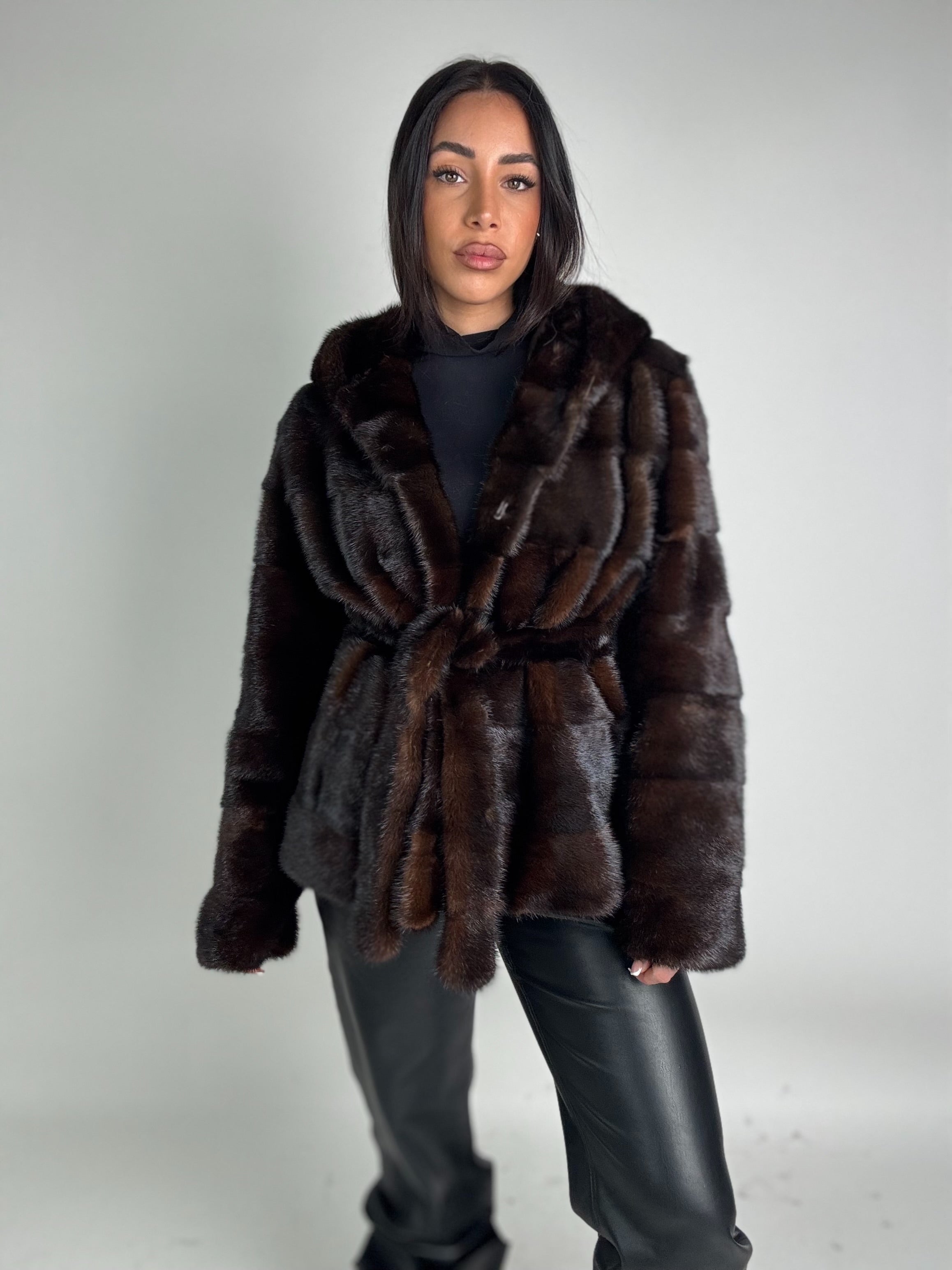 Mink jacket with belt and hood