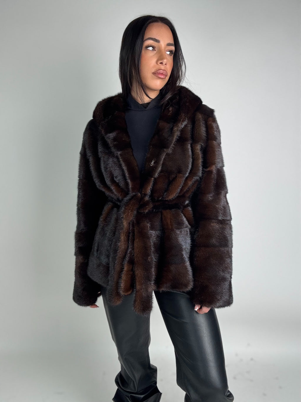 Mink jacket with belt and hood