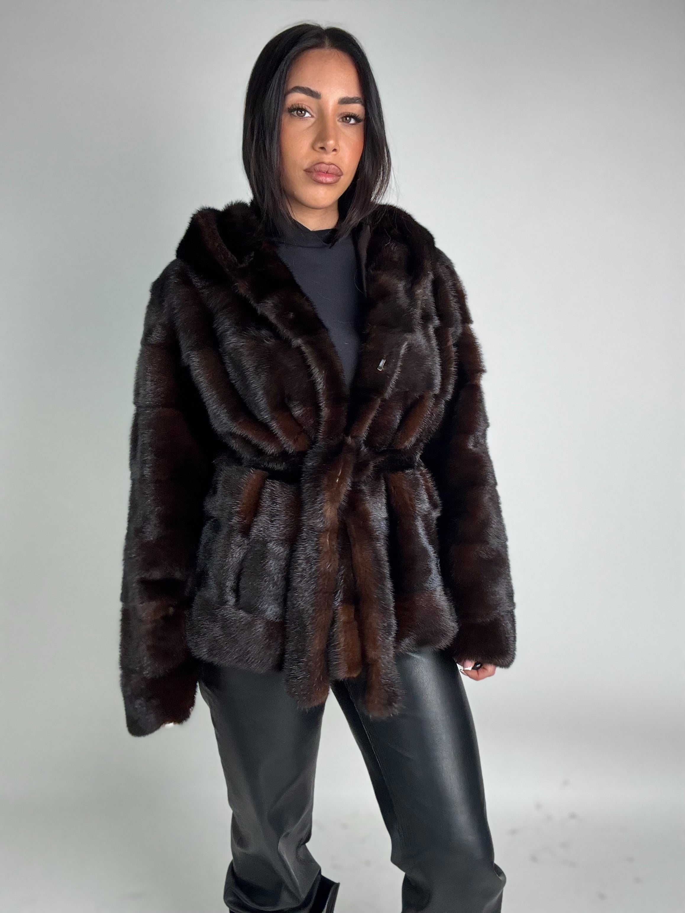 Mink jacket with belt and hood