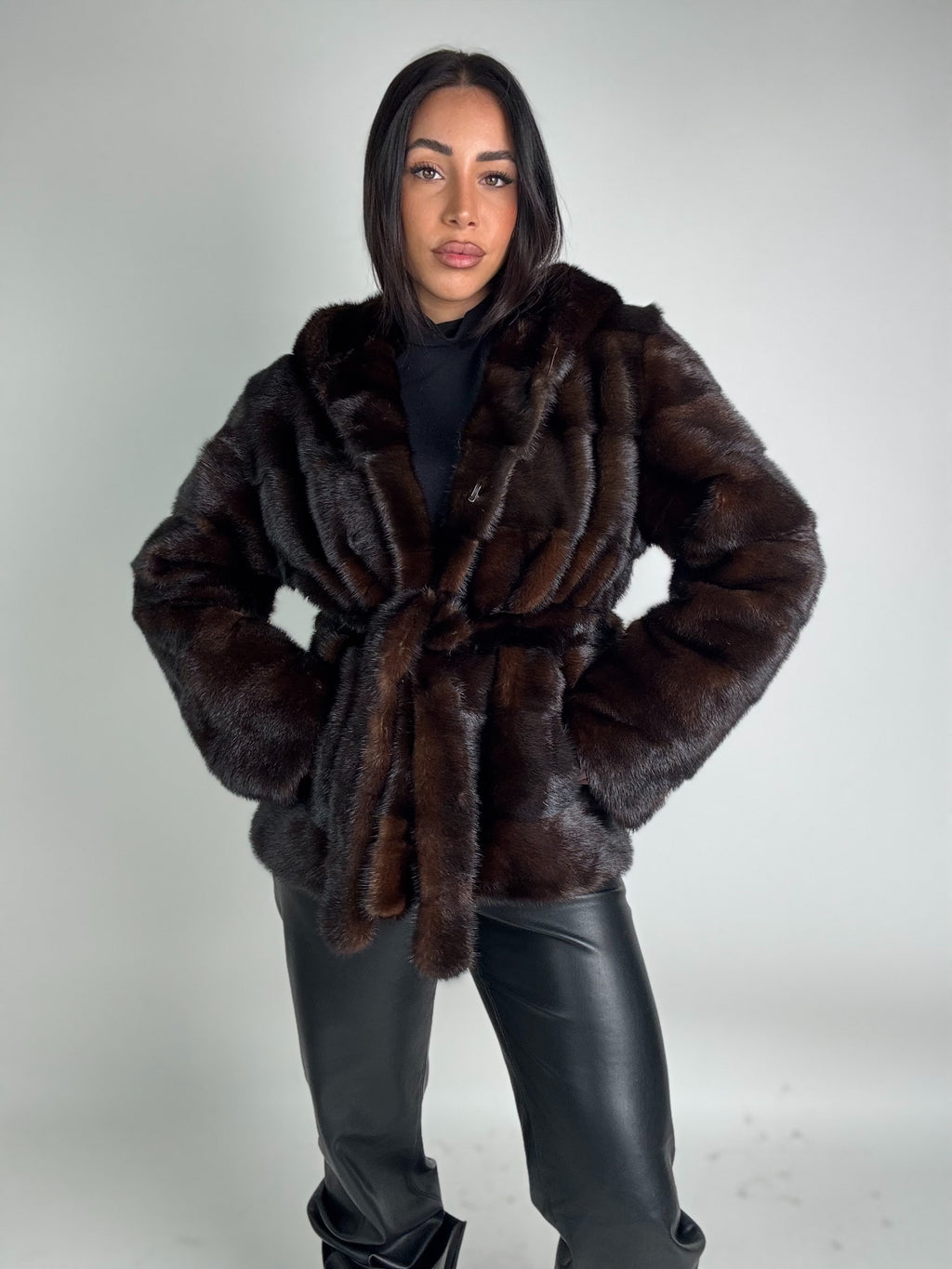 Mink jacket with belt and hood
