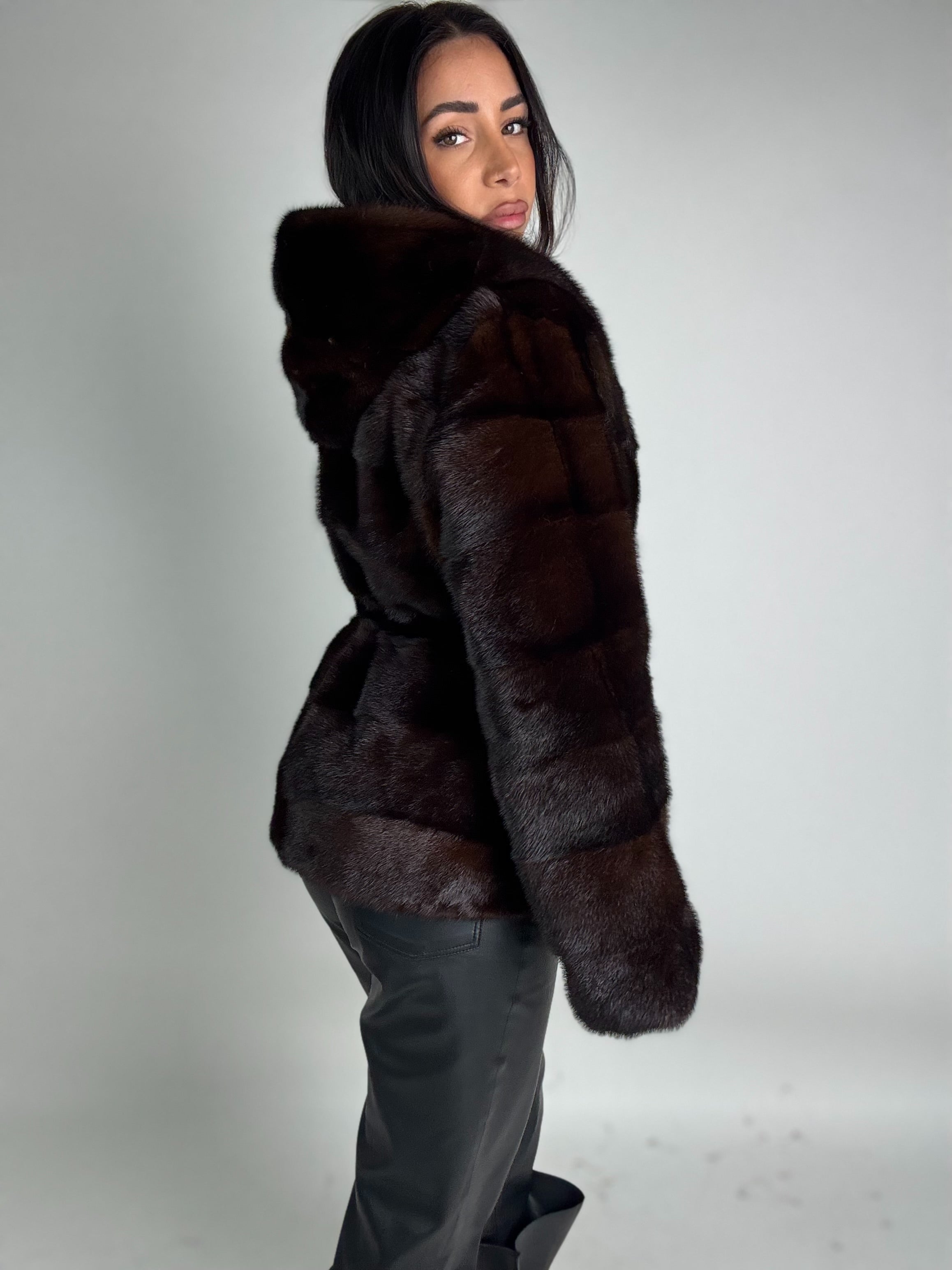 Mink jacket with belt and hood