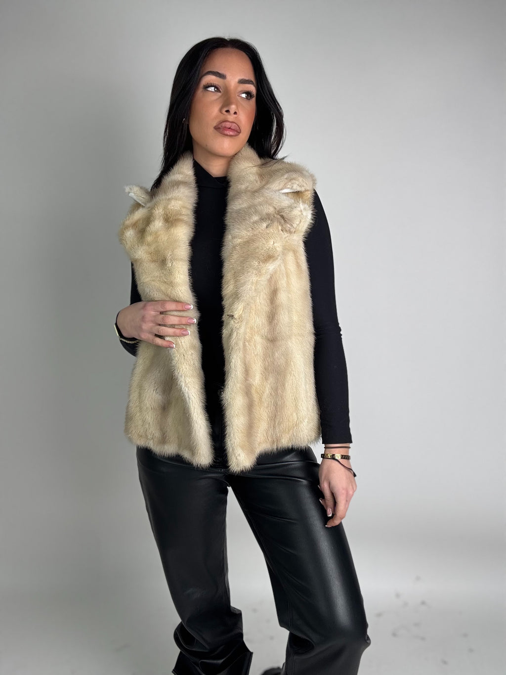 Mink jacket with belt and hood