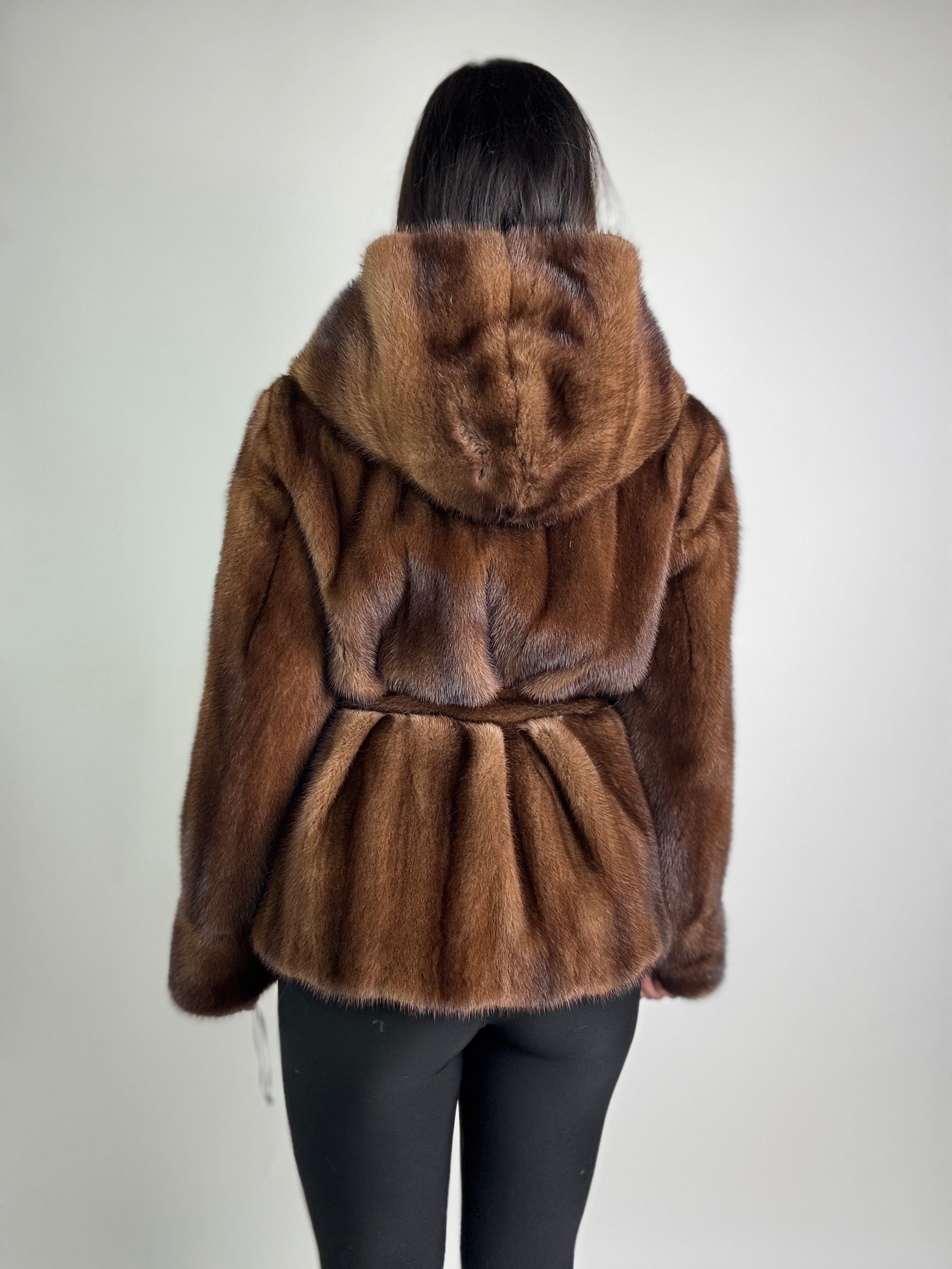 Giacca in visone cintura e cappuccio N121