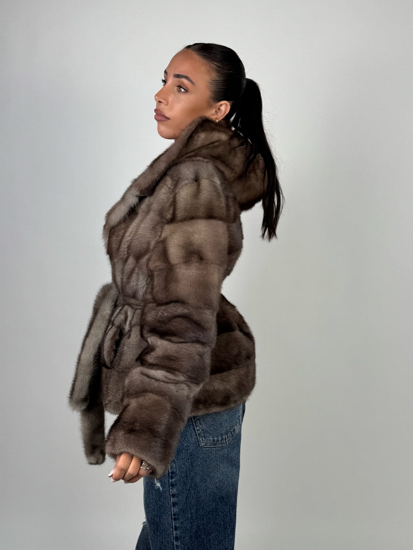 Mink jacket with belt and hood