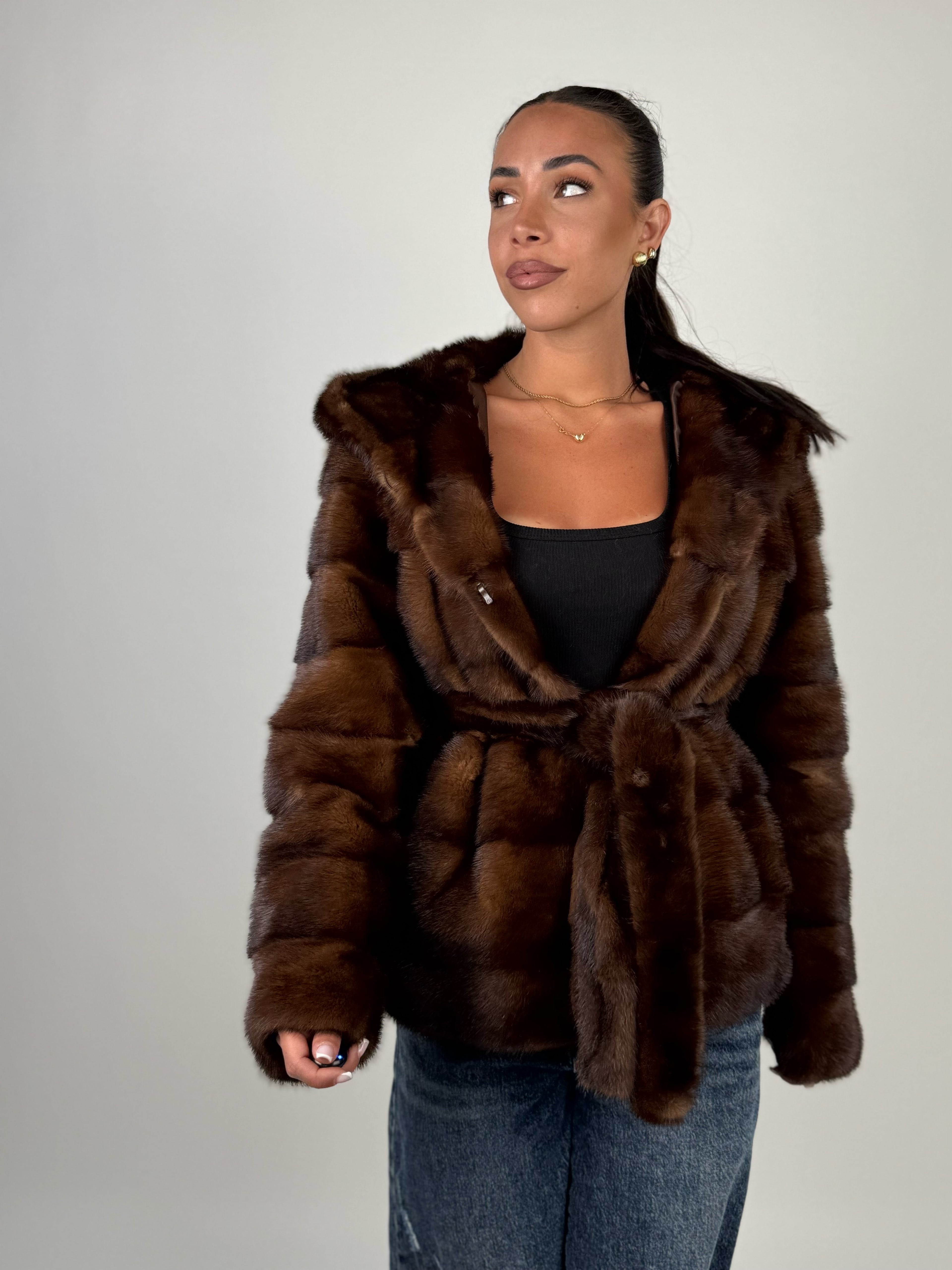 Mink jacket with belt and hood