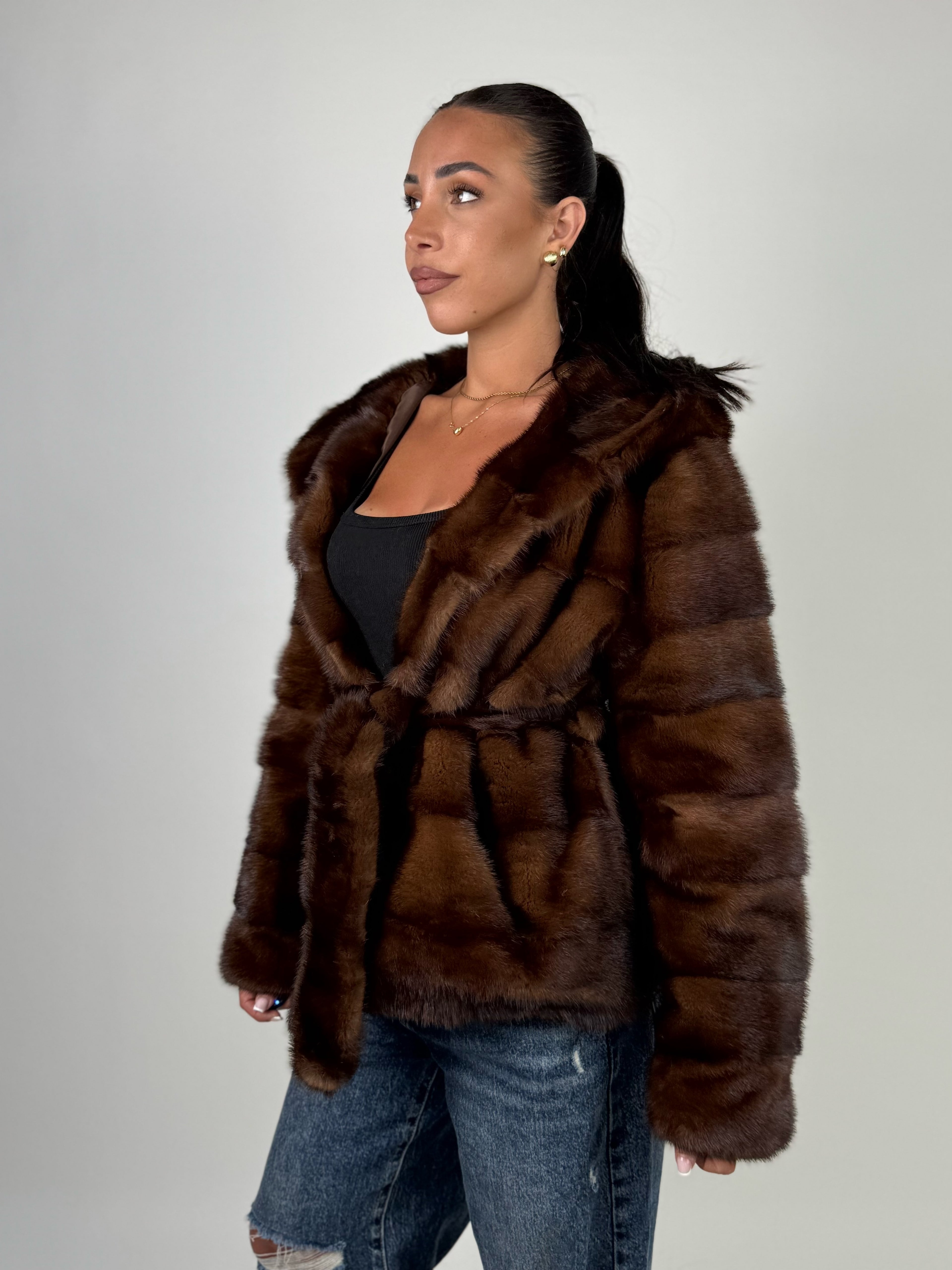 Mink jacket with belt and hood