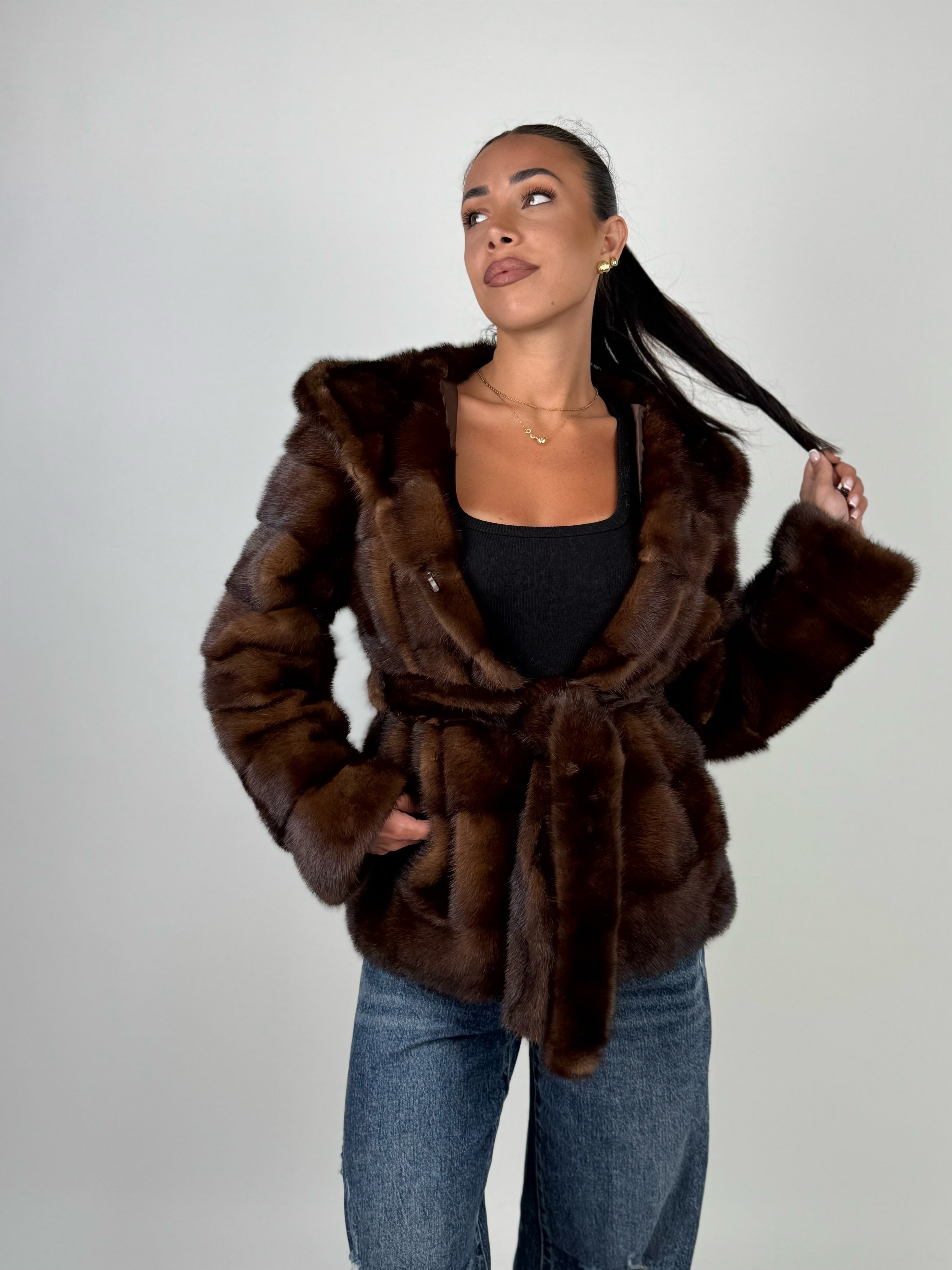 Mink jacket with belt and hood