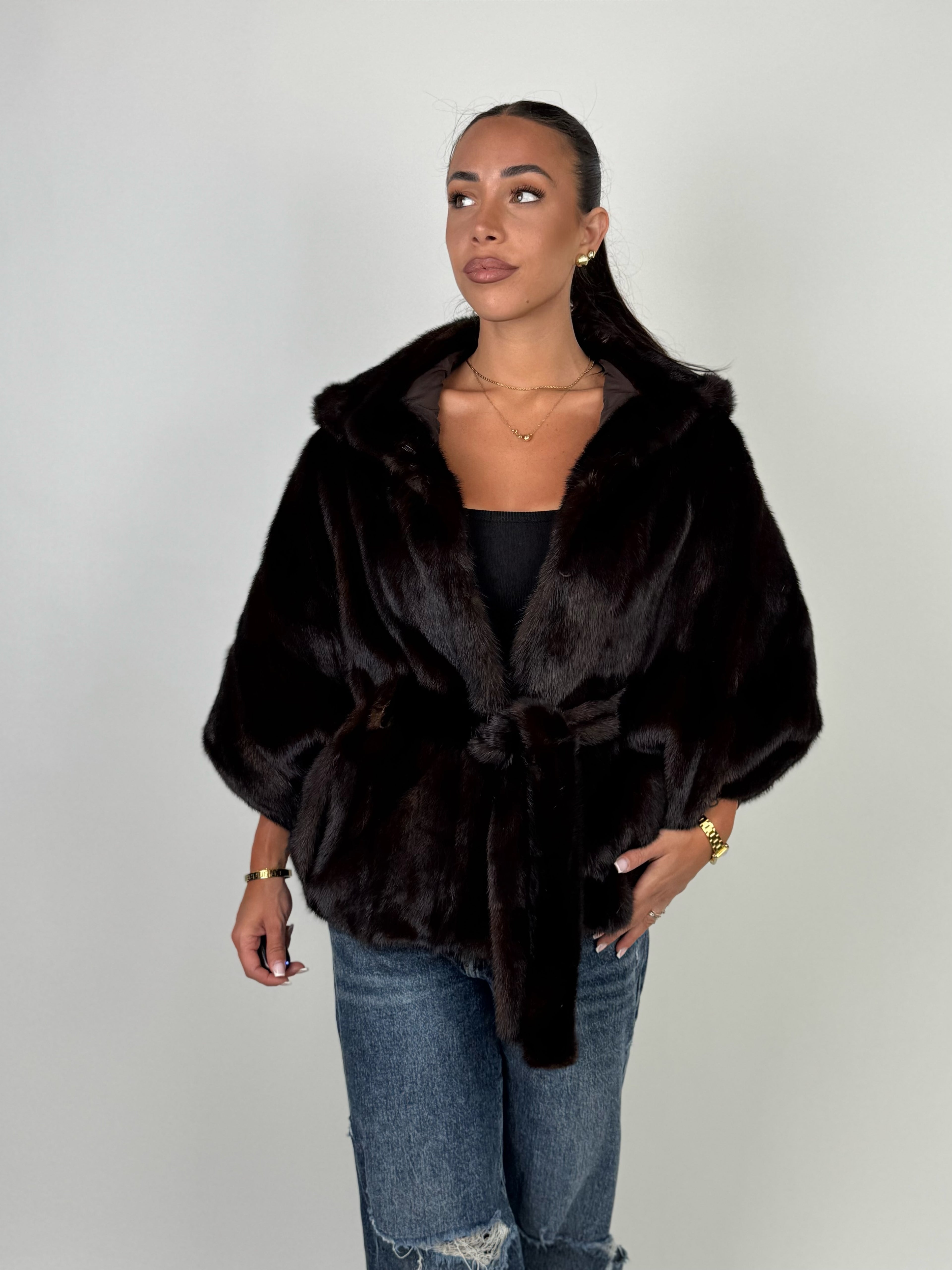 Mink jacket with belt and hood
