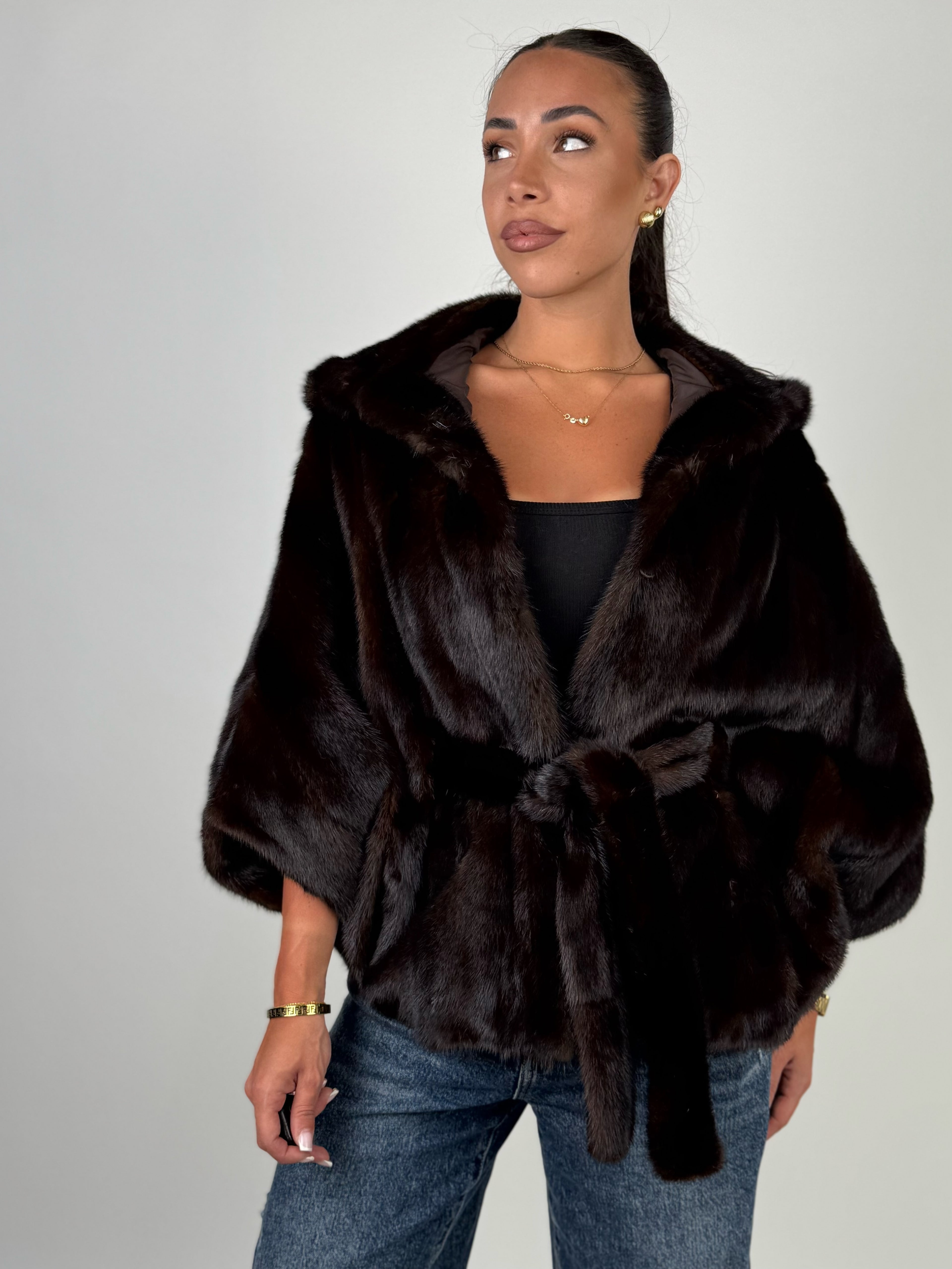 Mink jacket with belt and hood