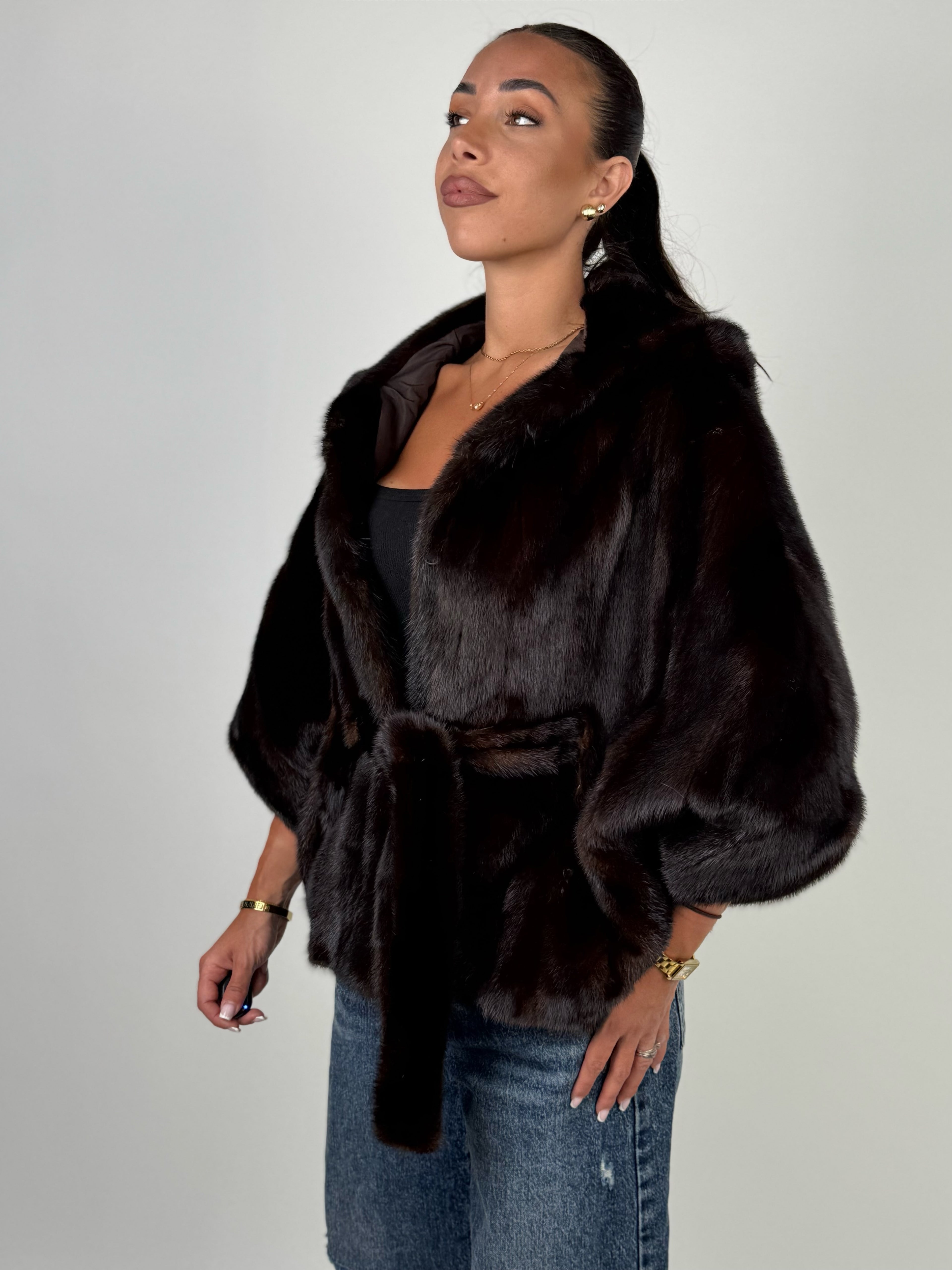Mink jacket with belt and hood