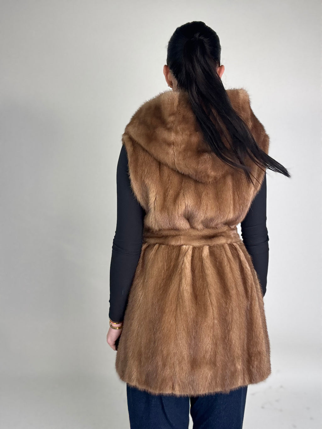 Mink jacket with belt and hood