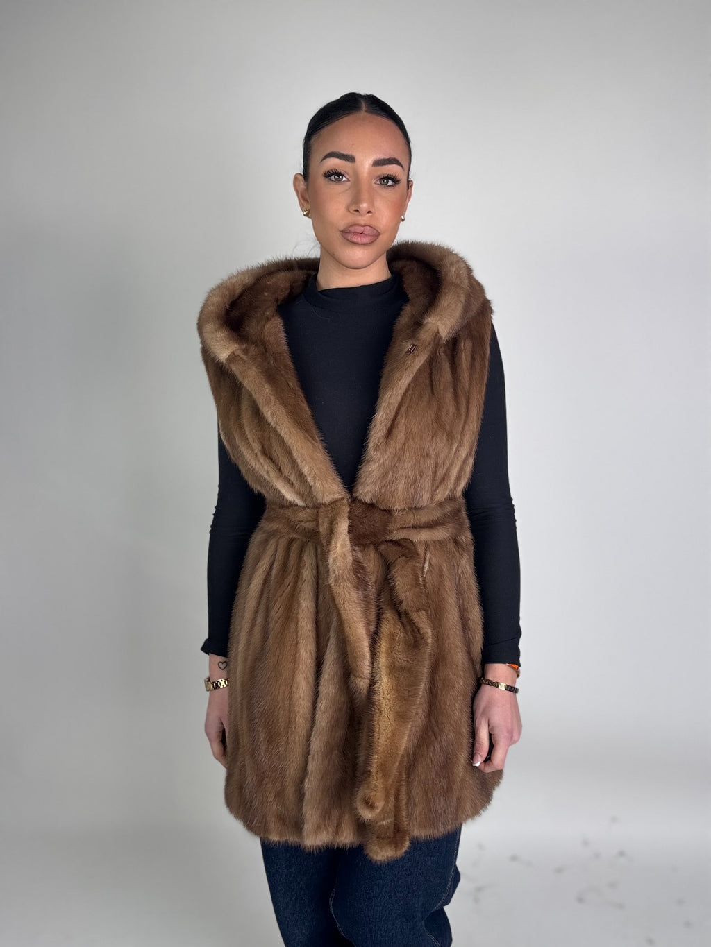Mink jacket with belt and hood