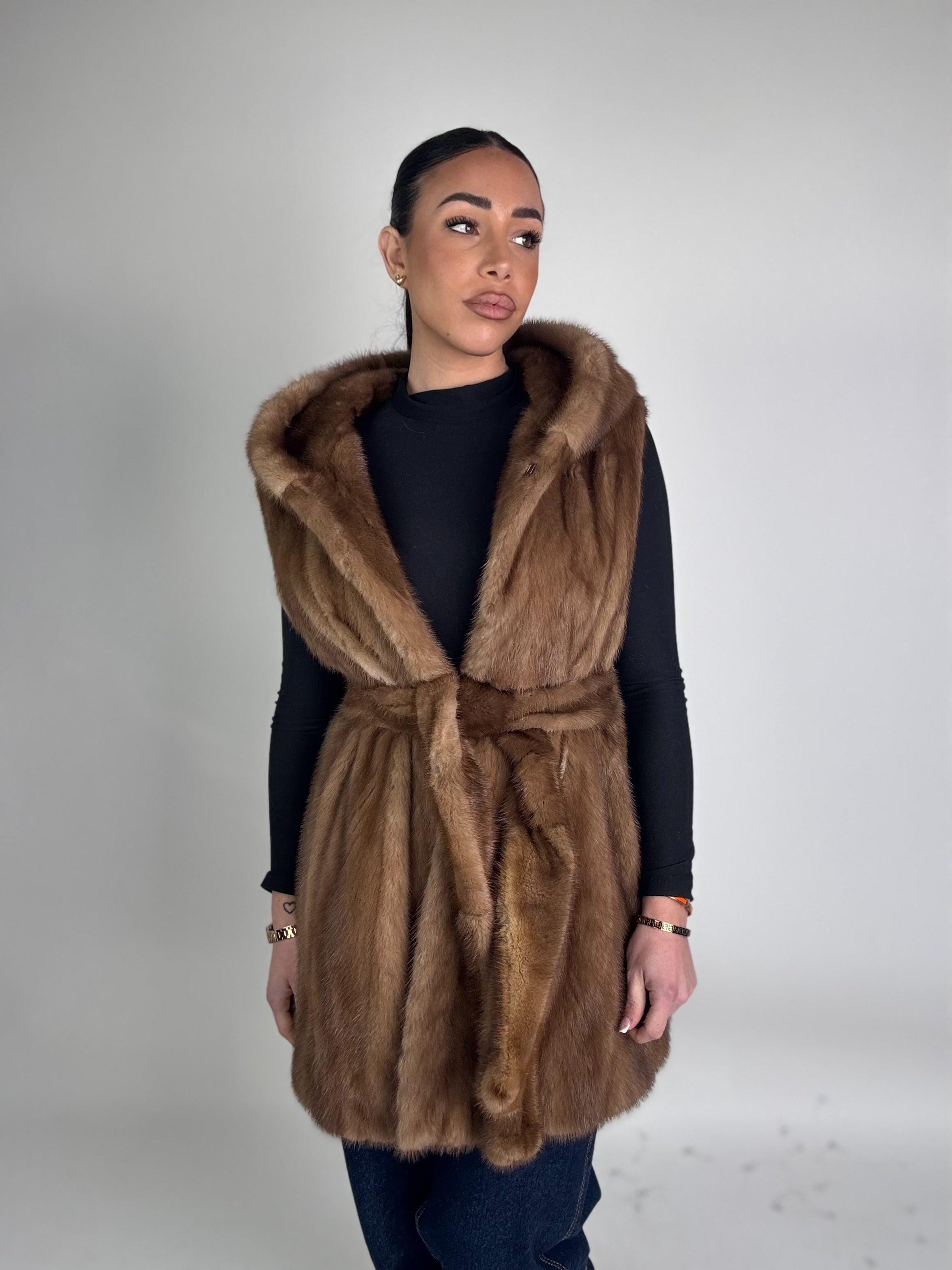 Mink jacket with belt and hood