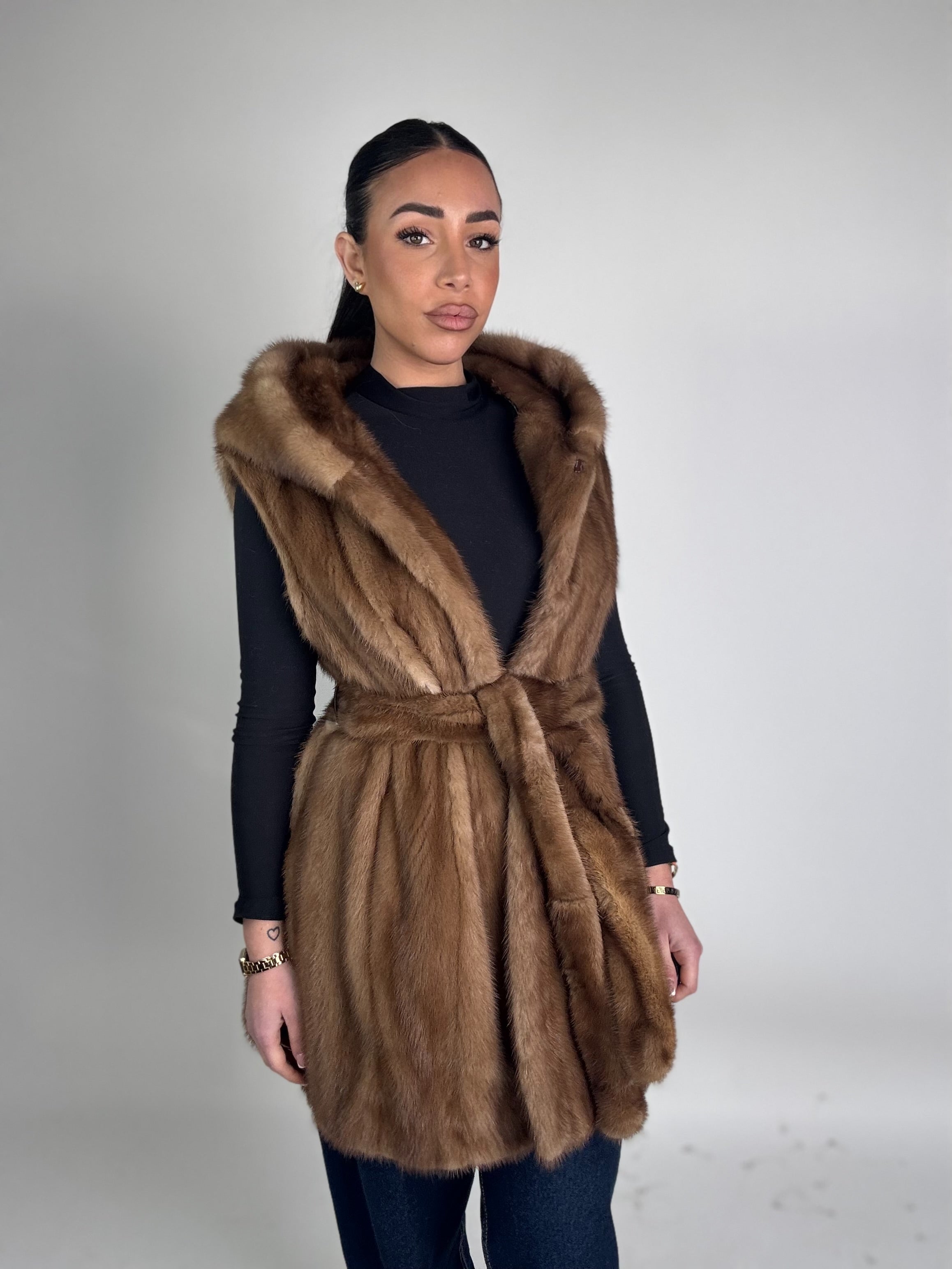 Mink jacket with belt and hood