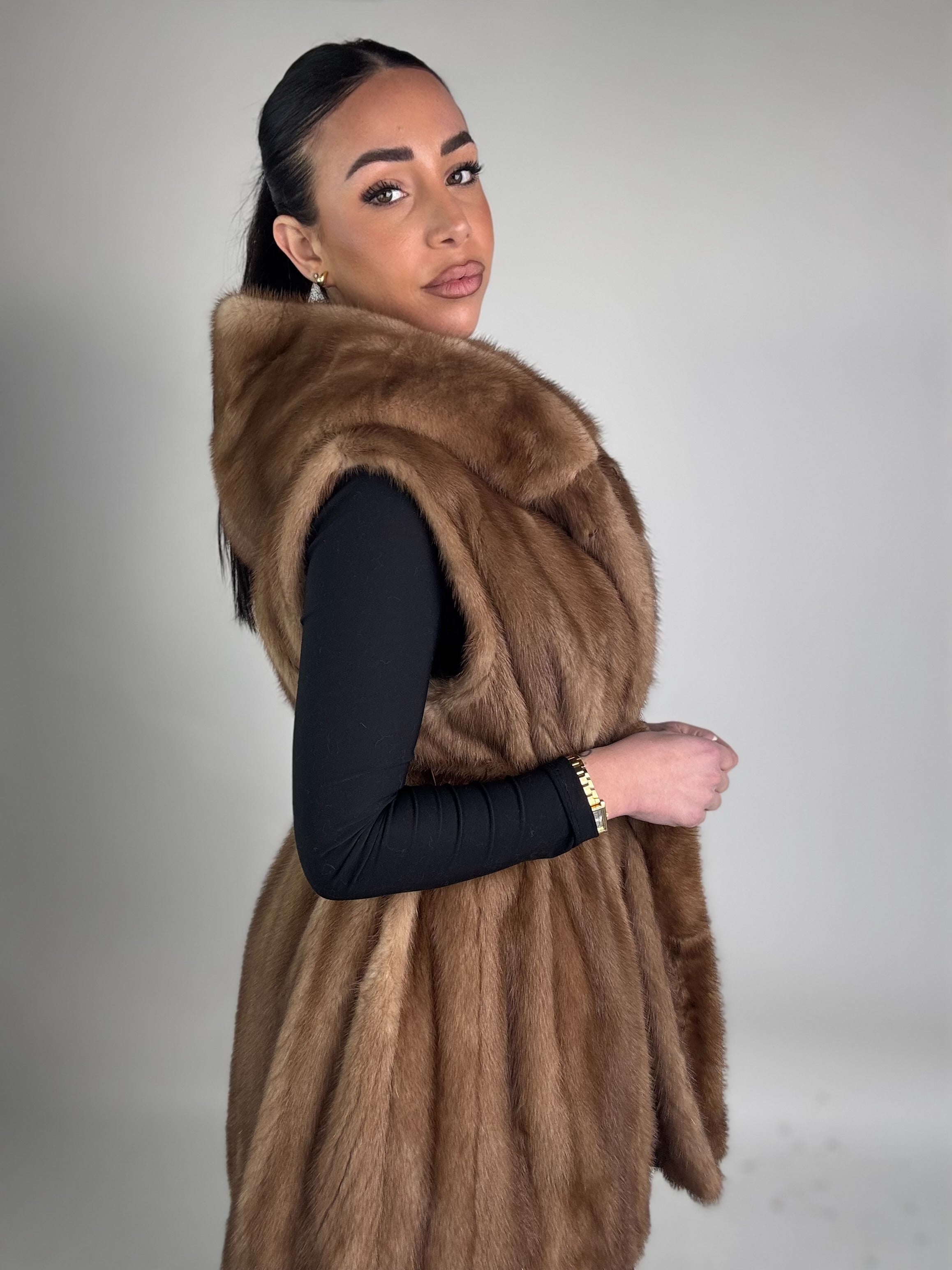 Mink jacket with belt and hood