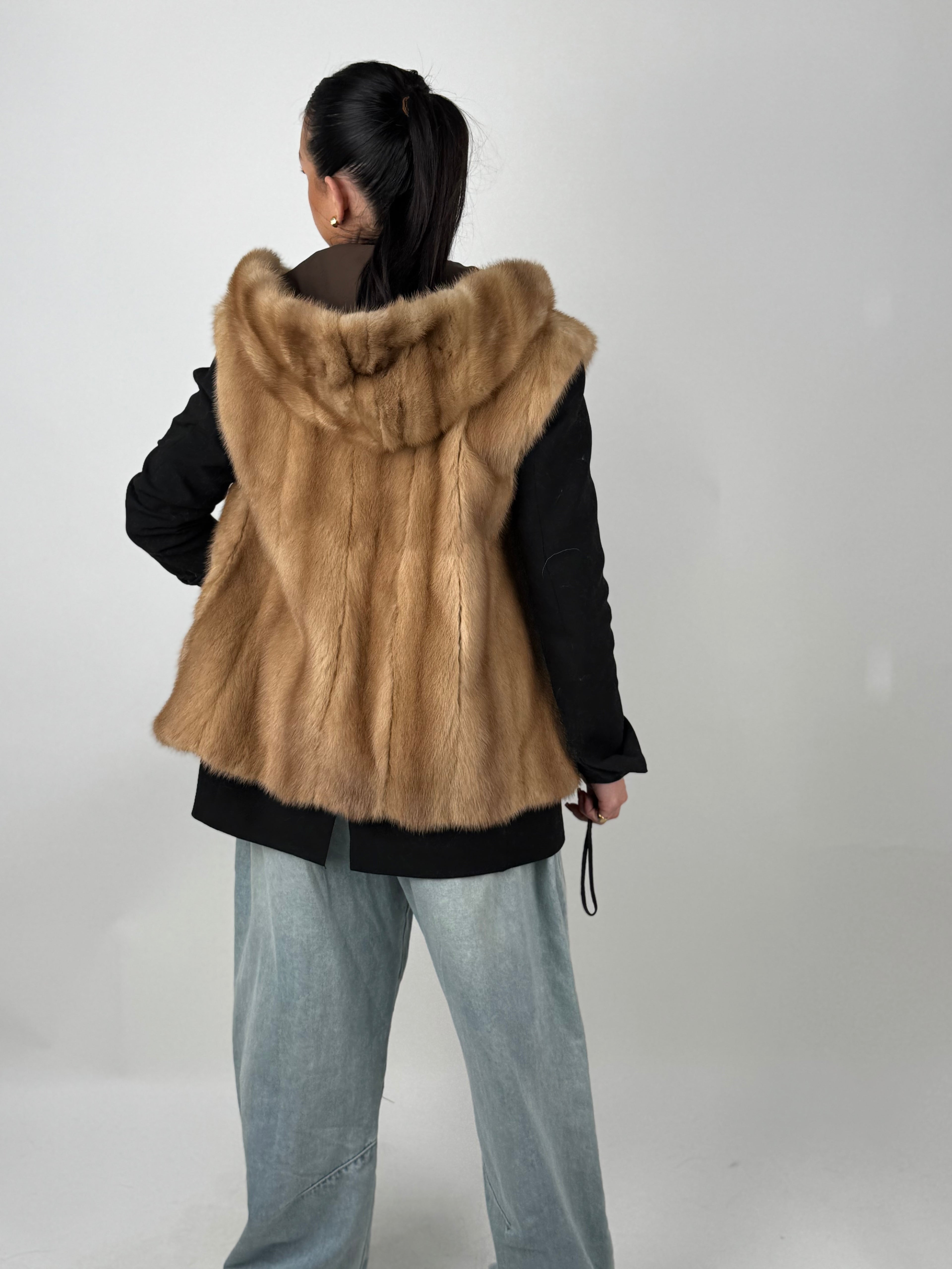 Mink jacket with belt and hood
