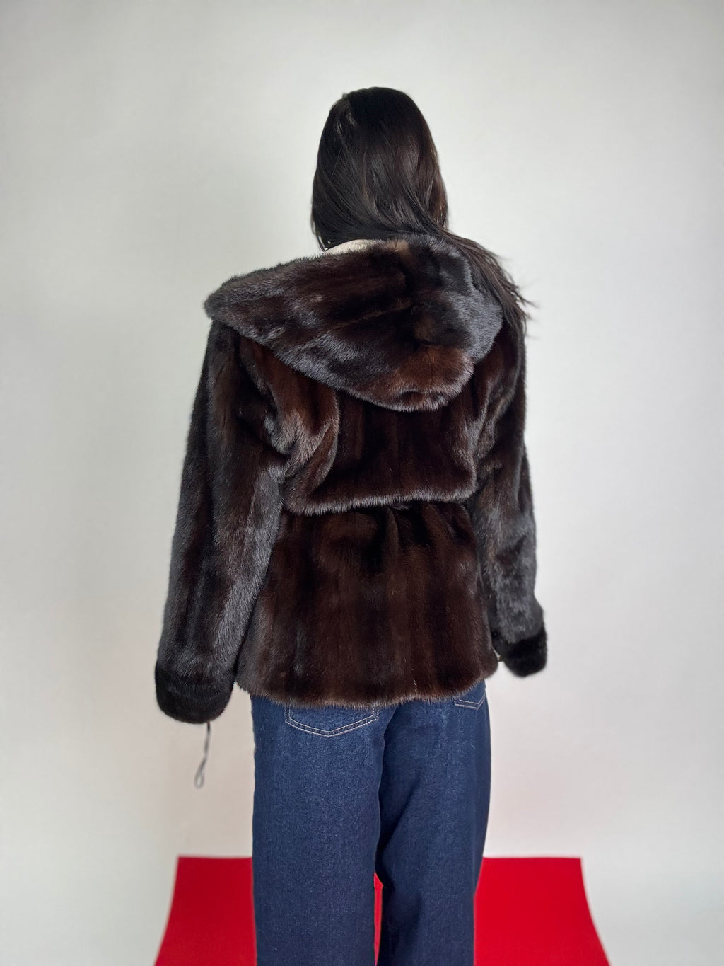 Mink jacket with belt and hood