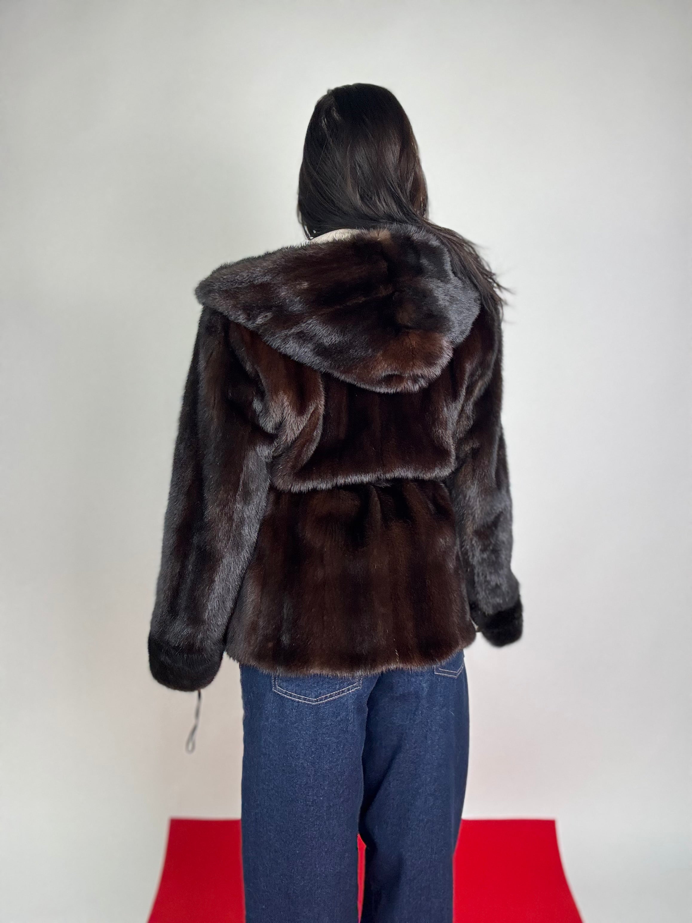 Mink jacket with belt and hood
