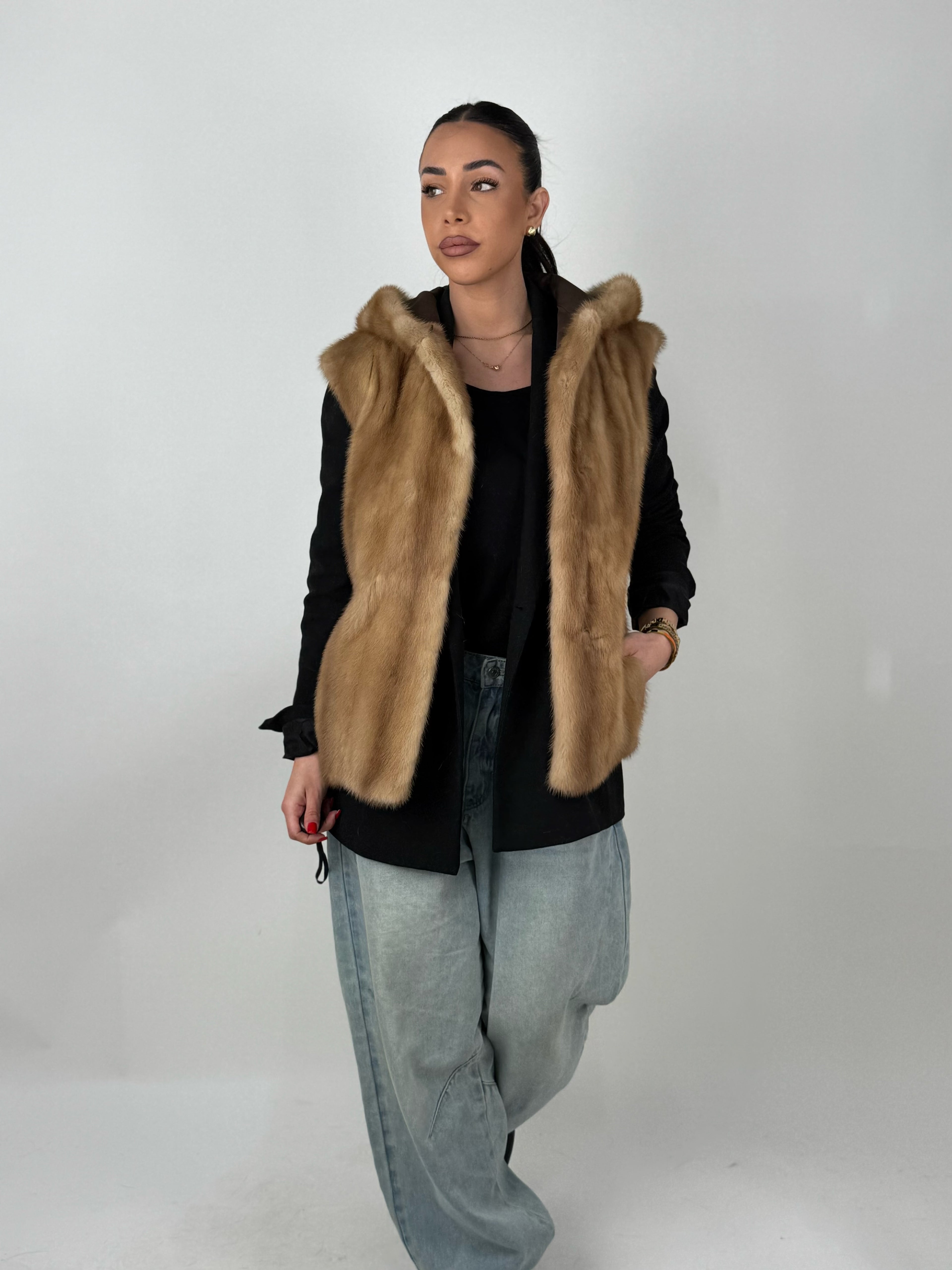 Mink jacket with belt and hood