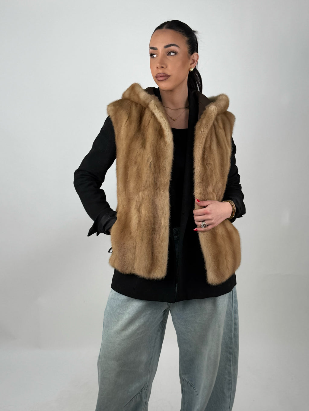 Mink jacket with belt and hood