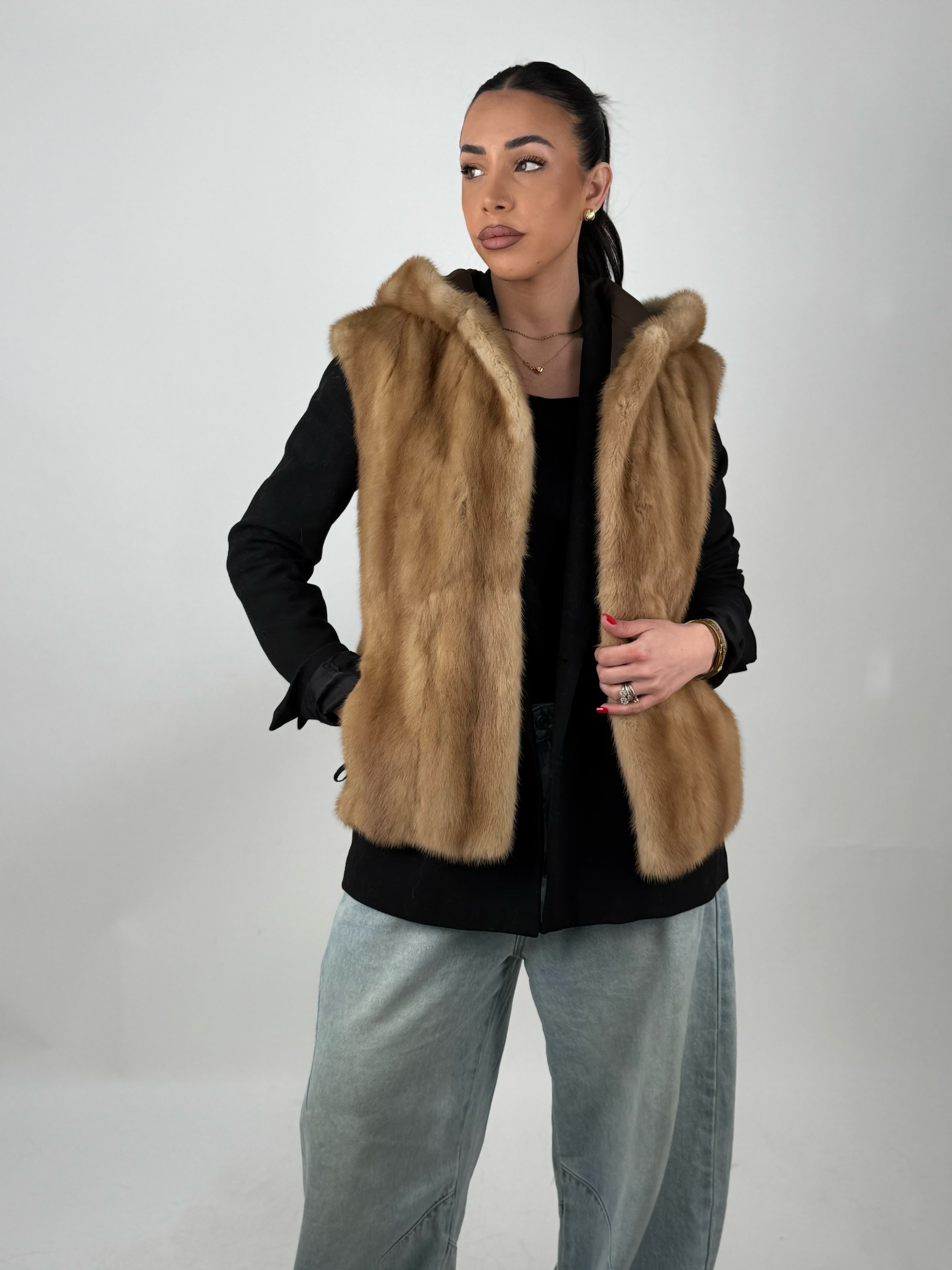 Mink jacket with belt and hood