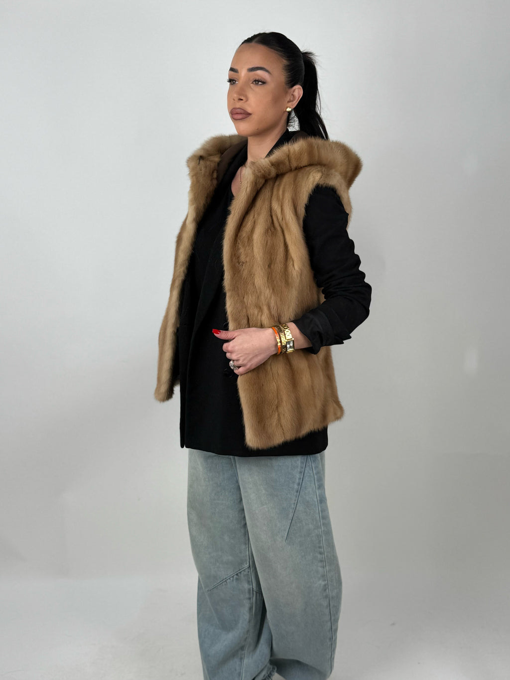 Mink jacket with belt and hood