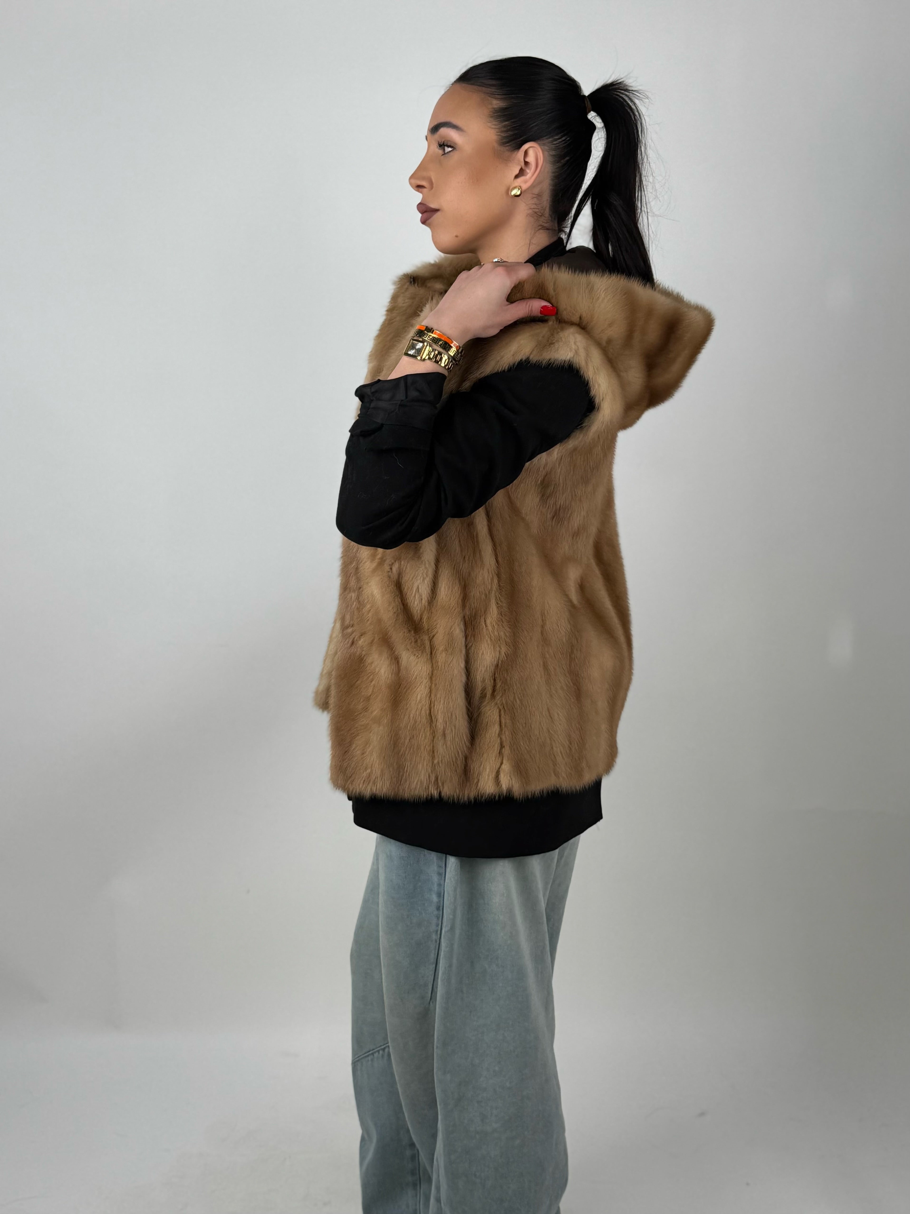 Mink jacket with belt and hood