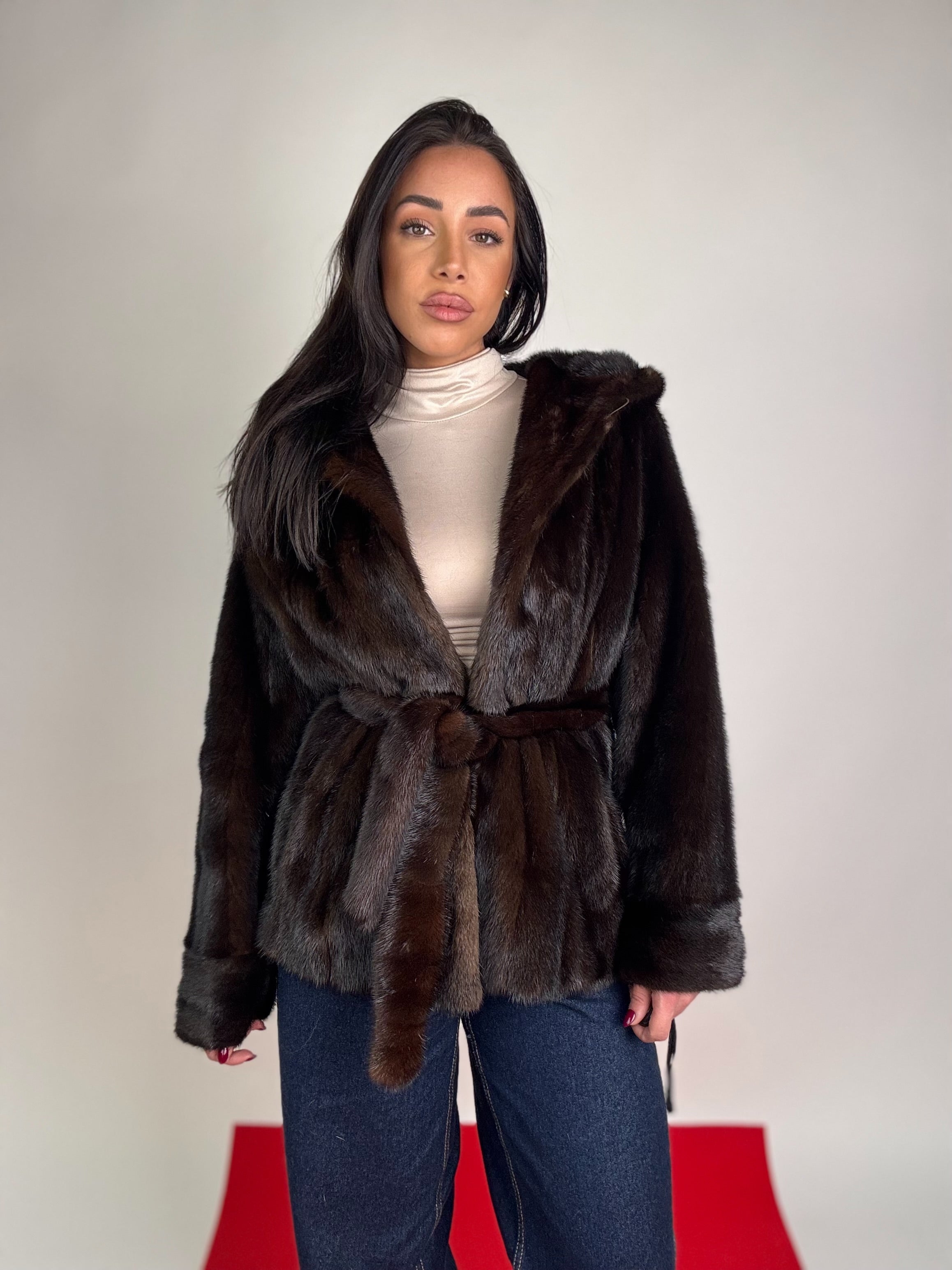 Mink jacket with belt and hood