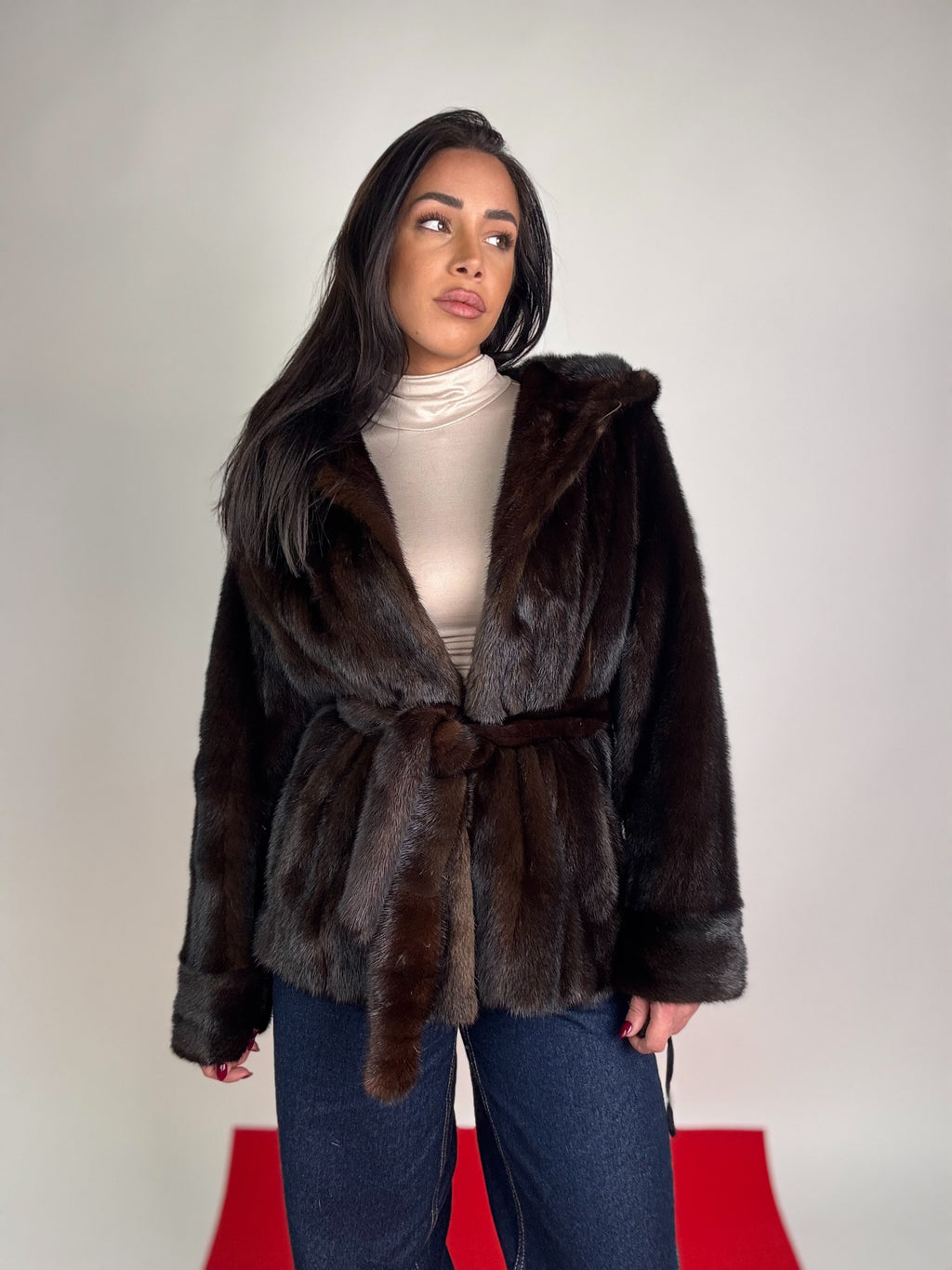 Mink jacket with belt and hood