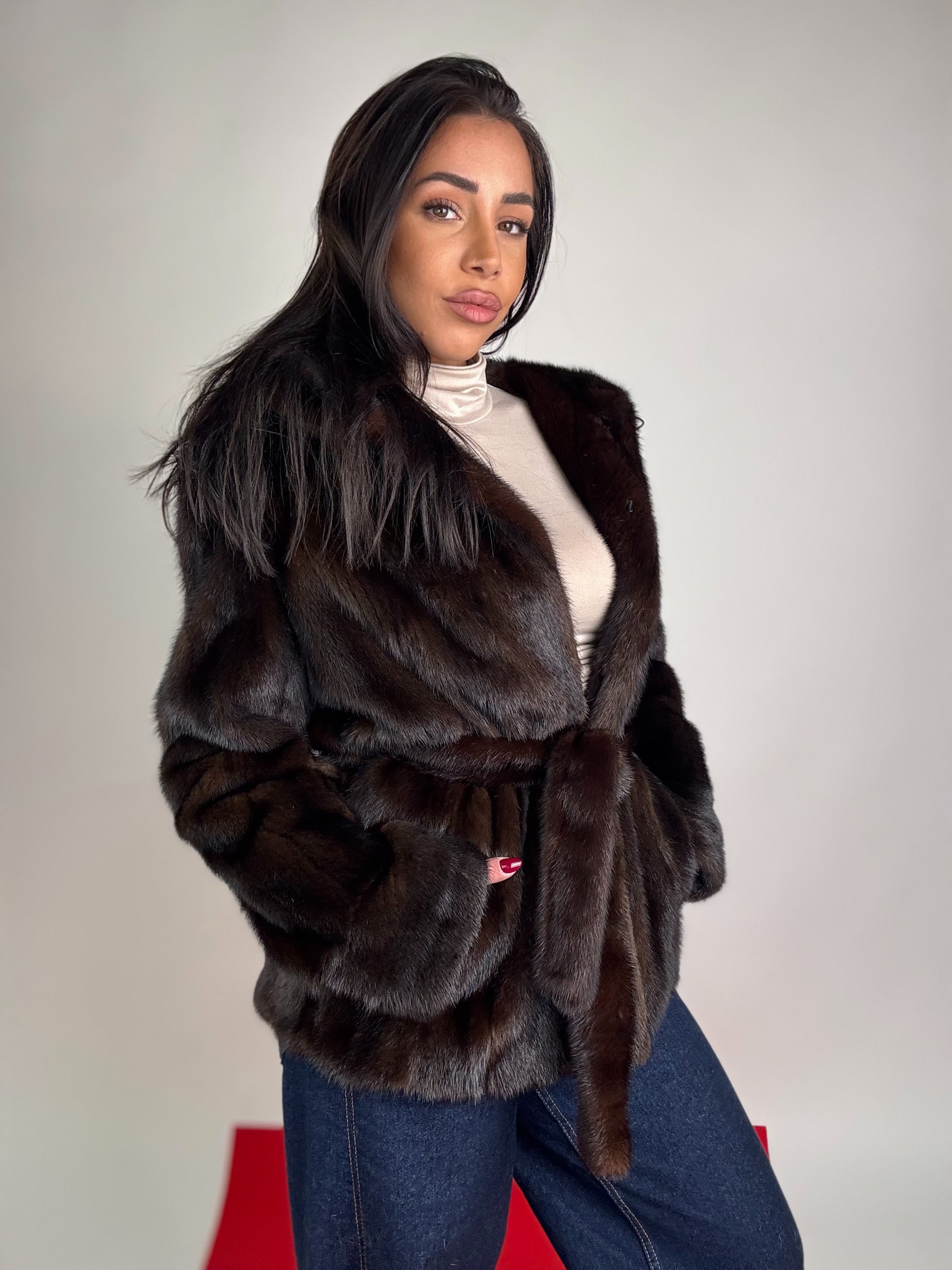 Mink jacket with belt and hood