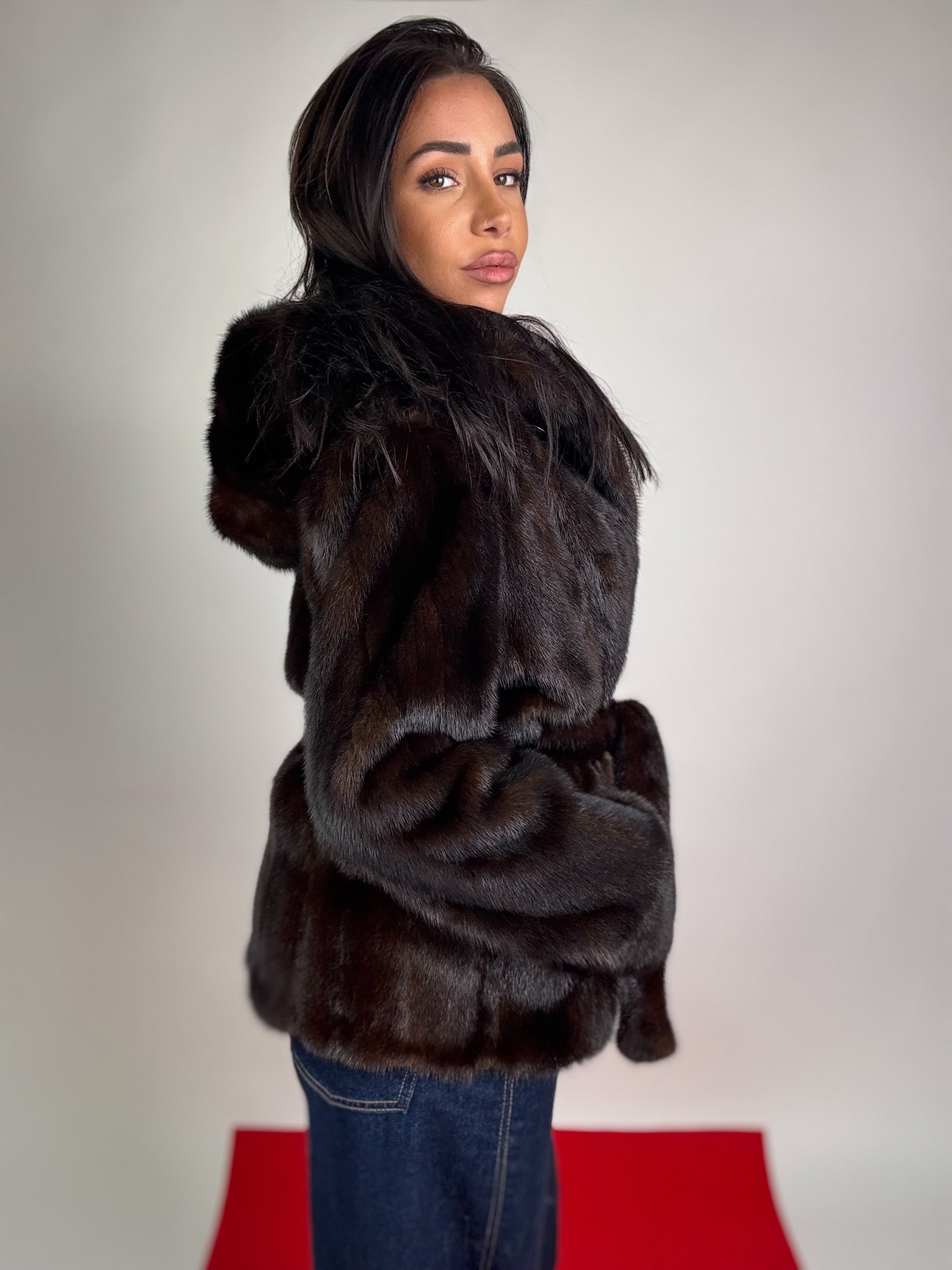 Mink jacket with belt and hood