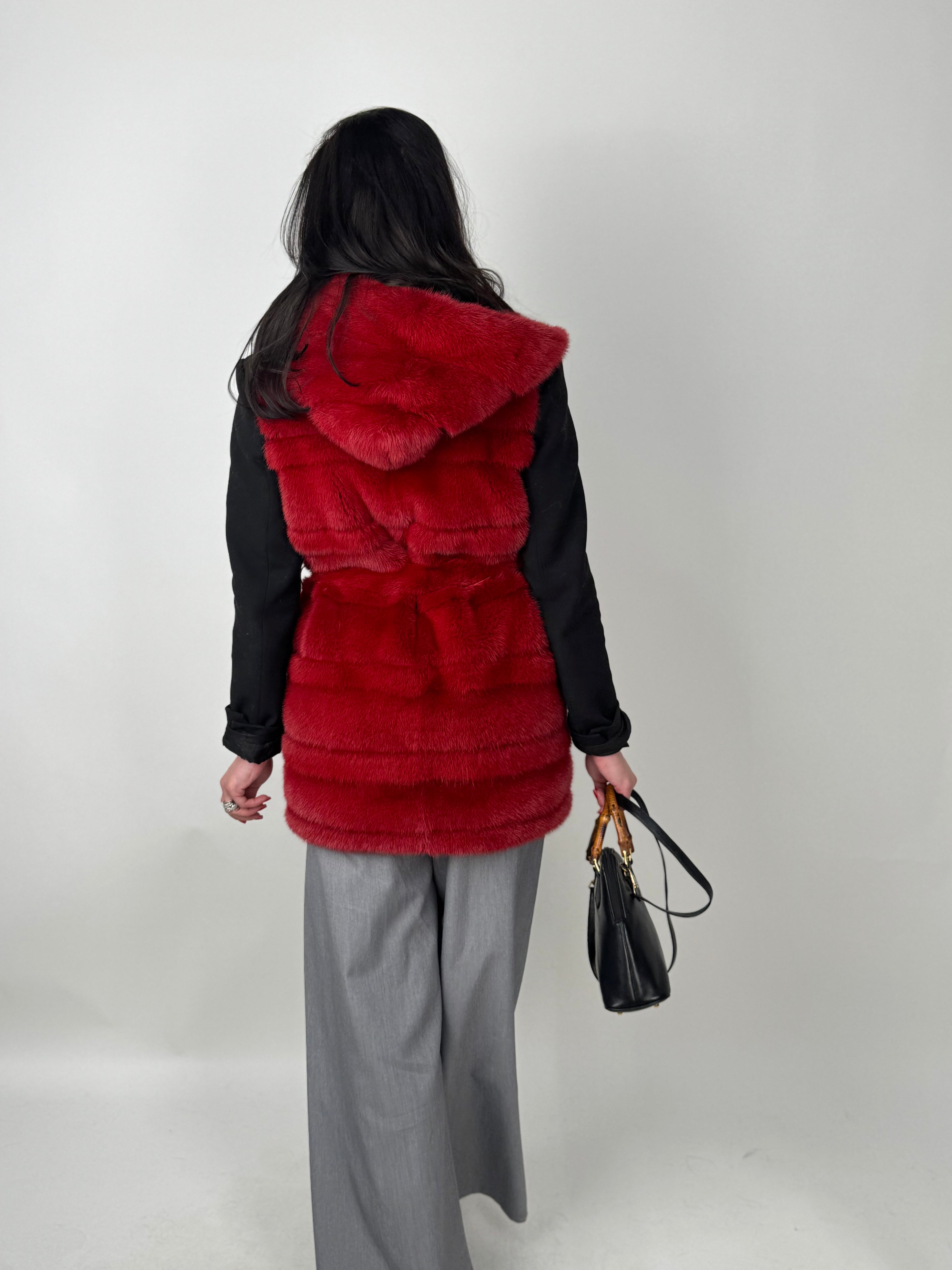 Mink jacket with belt and hood