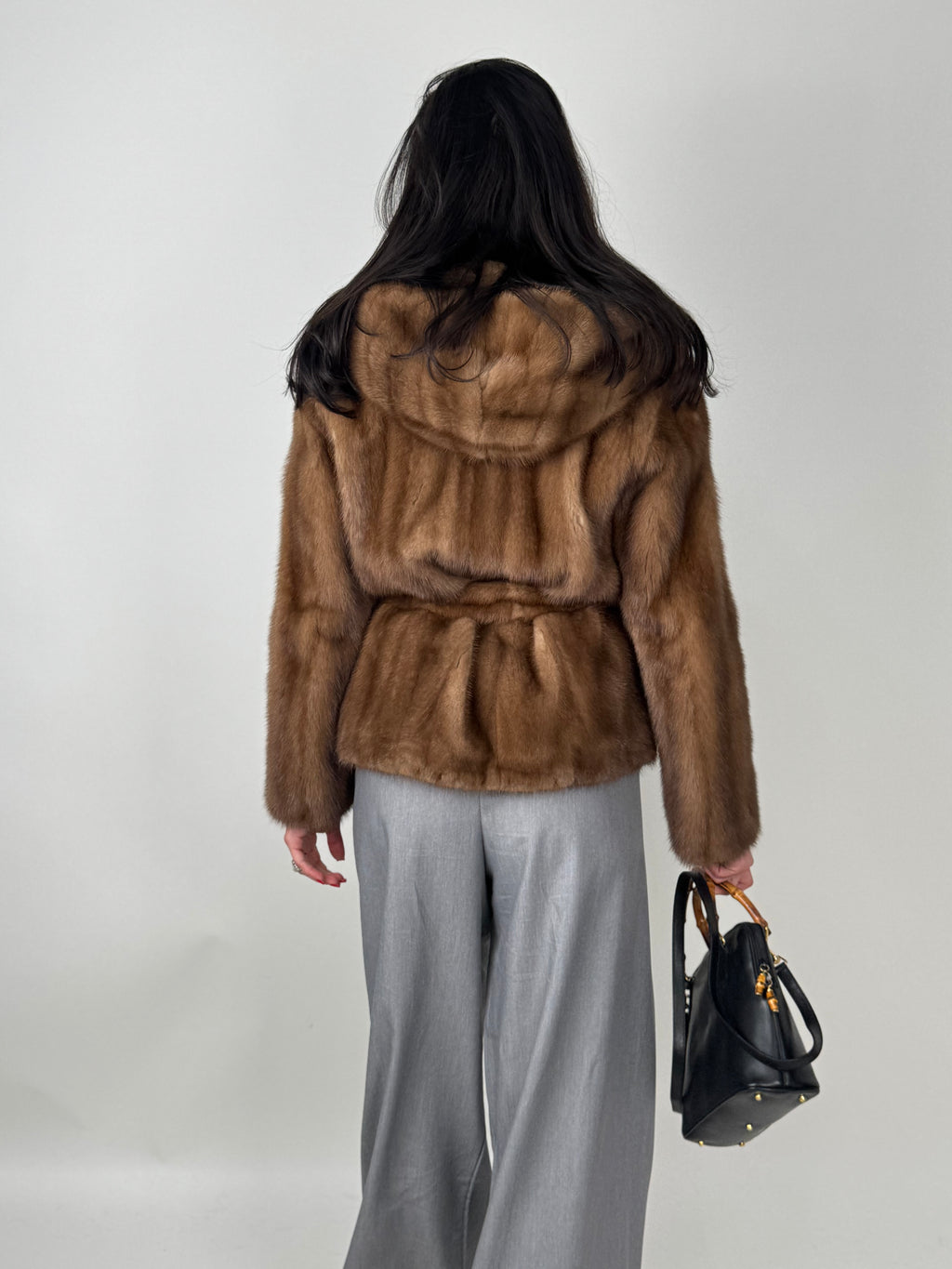 Mink jacket with belt and hood