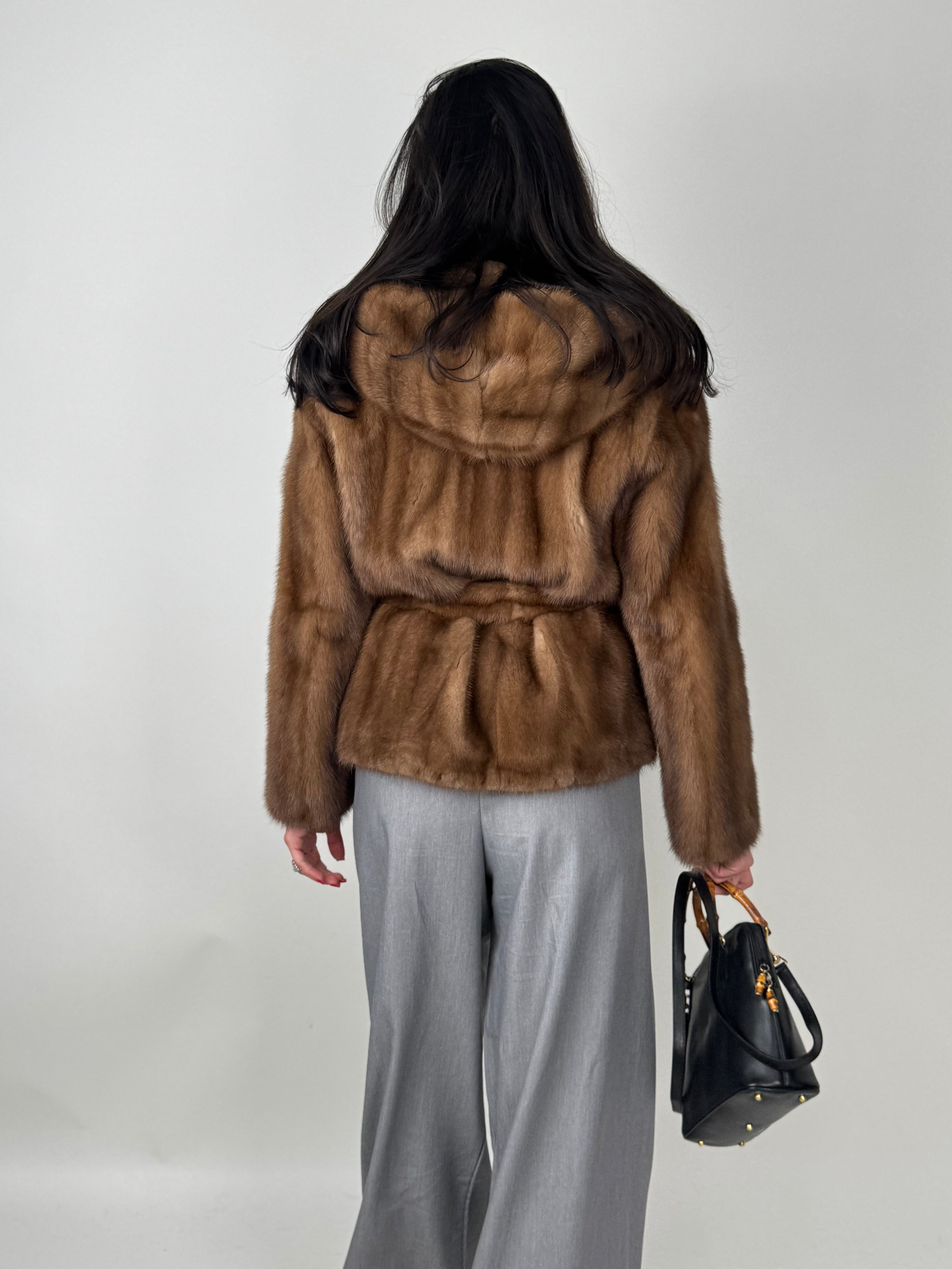 Mink jacket with belt and hood