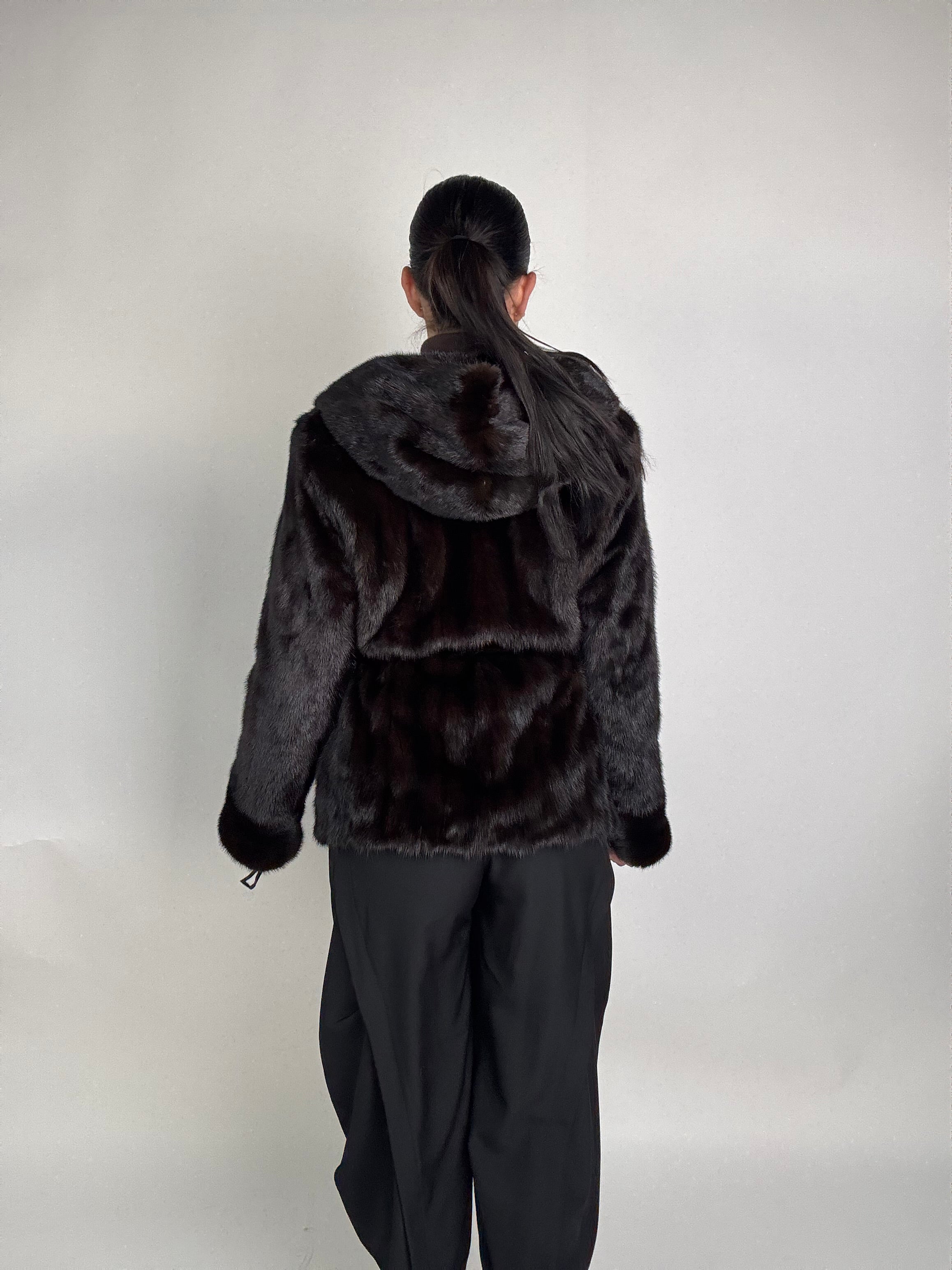 Mink jacket with belt and hood
