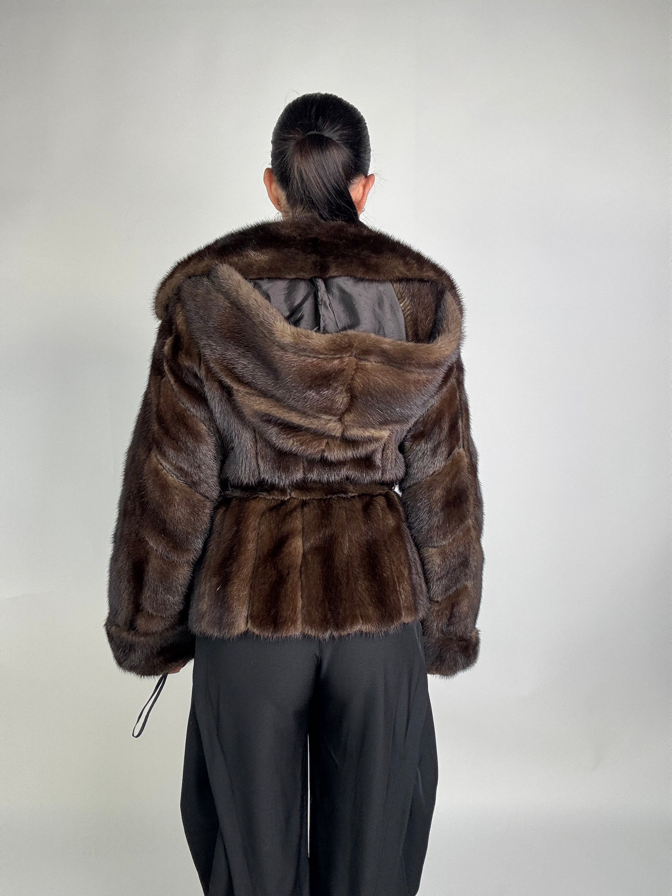 Mink jacket with belt and hood