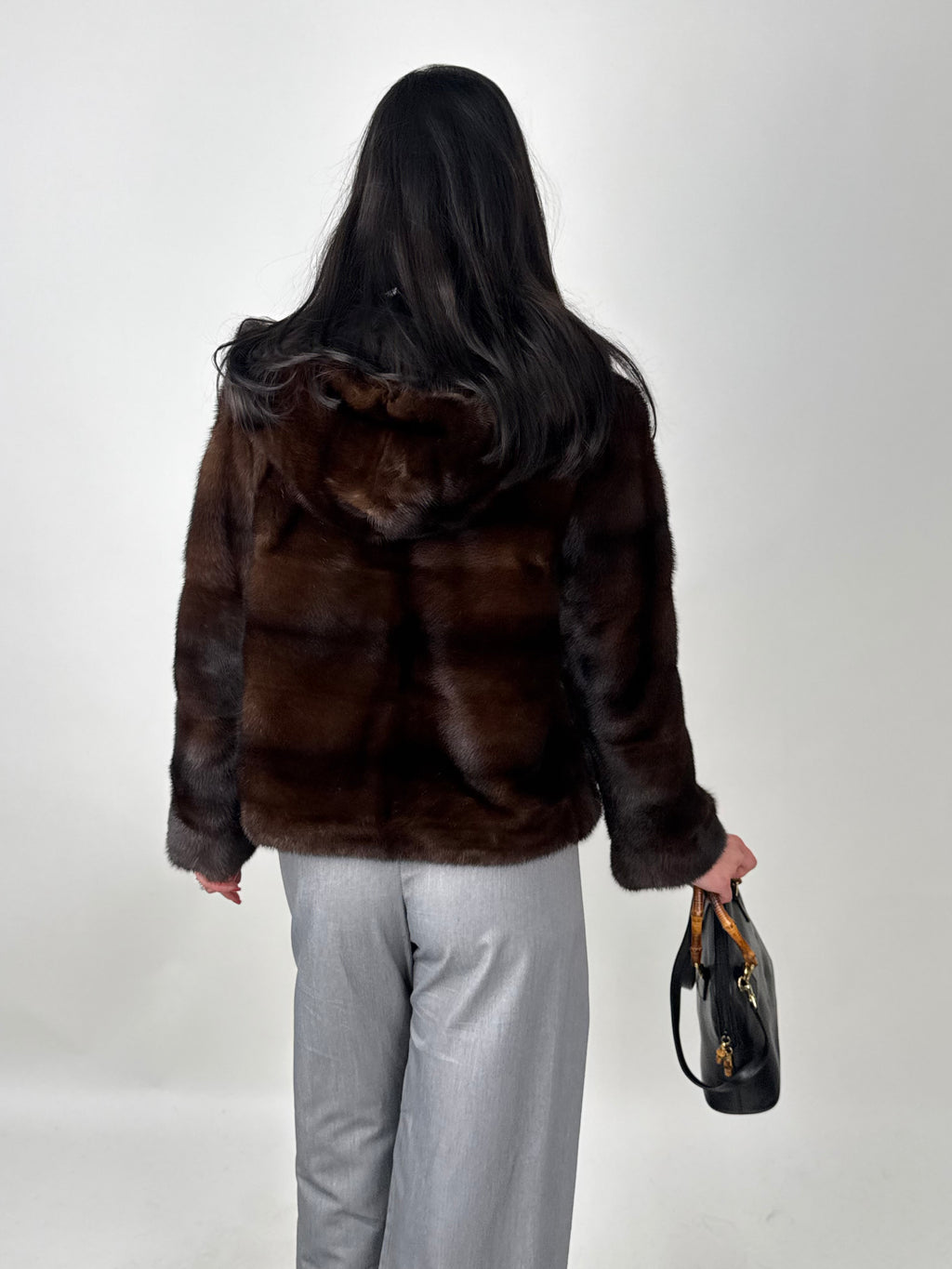 Mink jacket with belt and hood