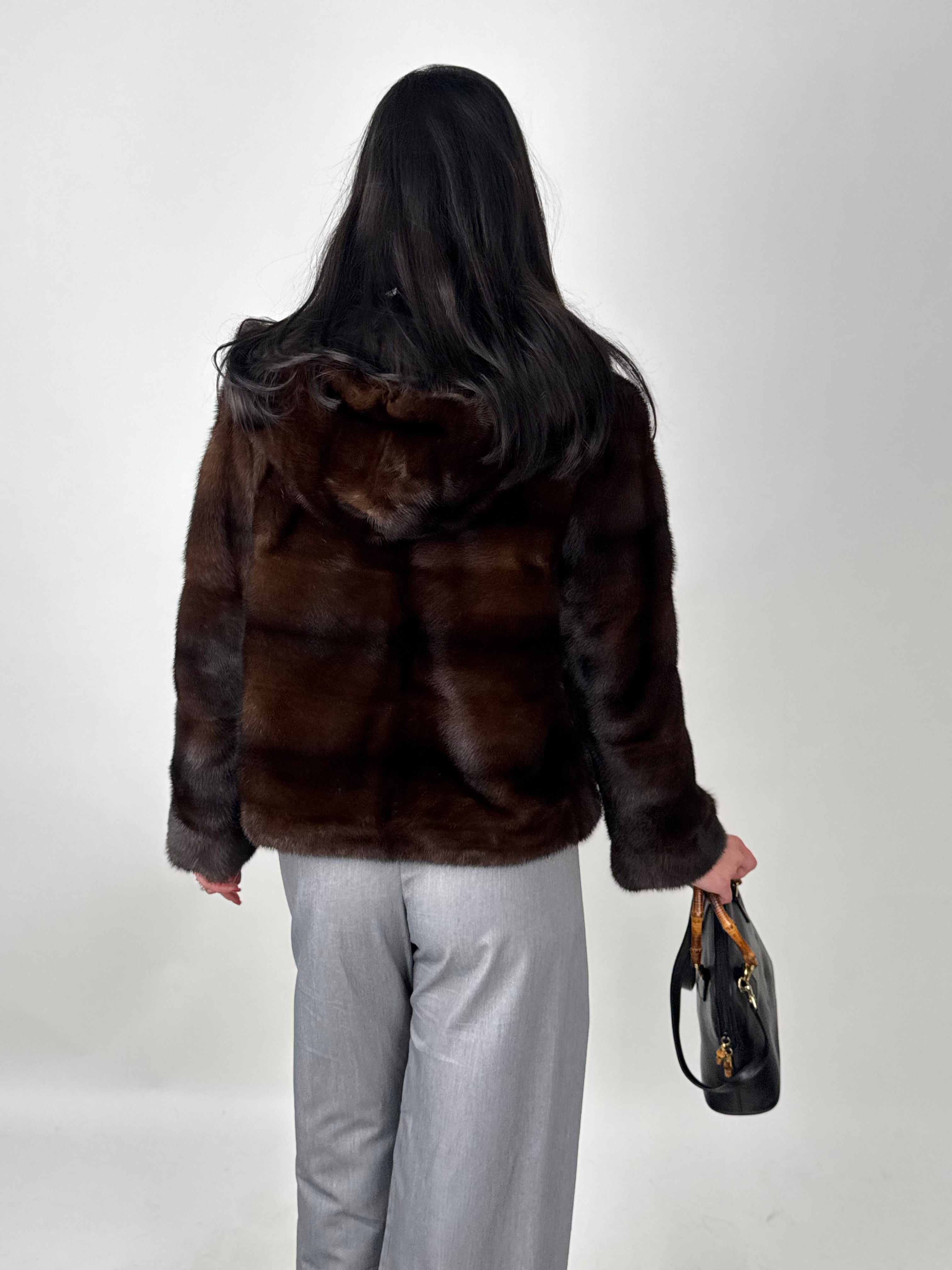 Mink jacket with belt and hood