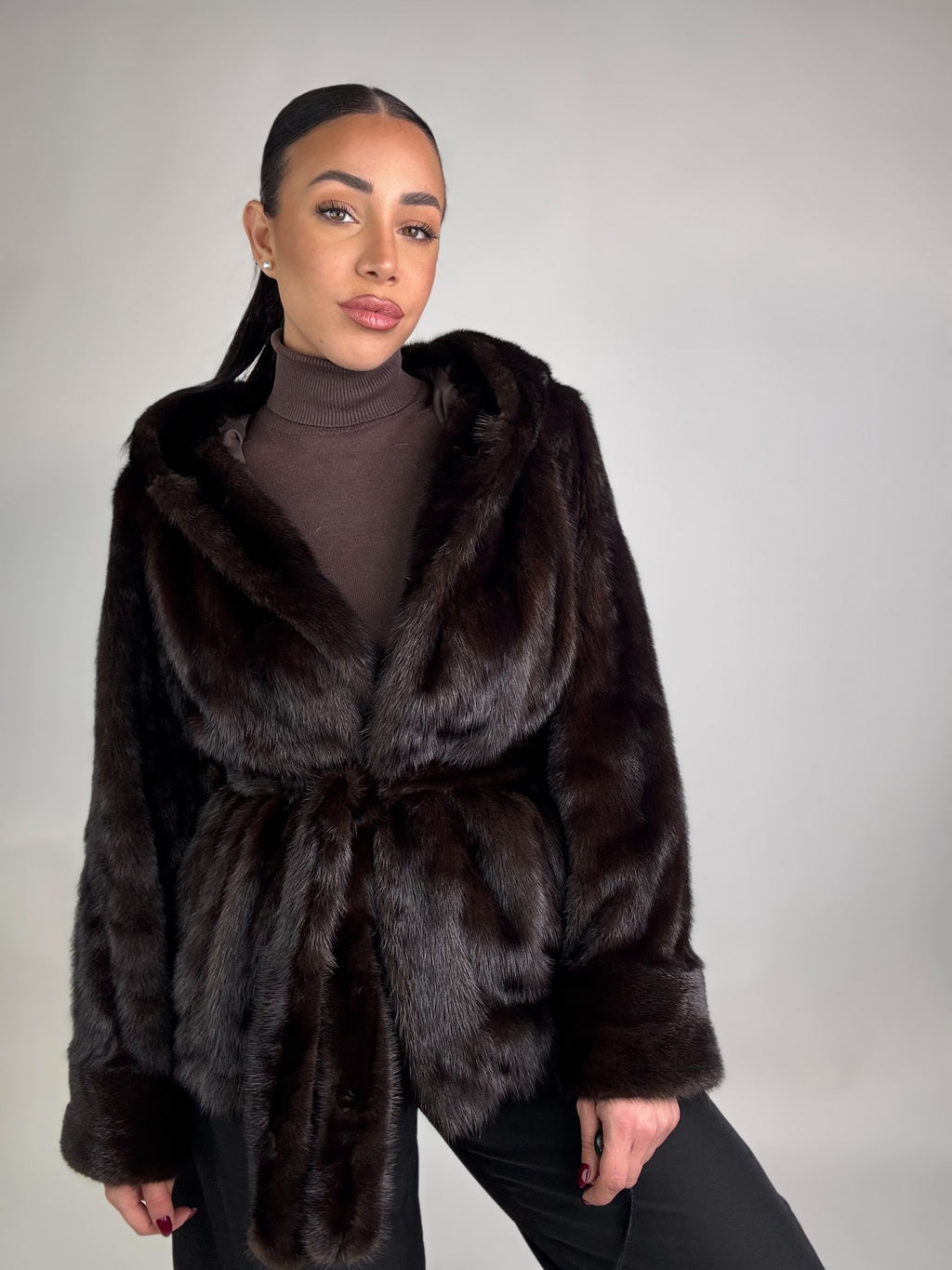 Mink jacket with belt and hood