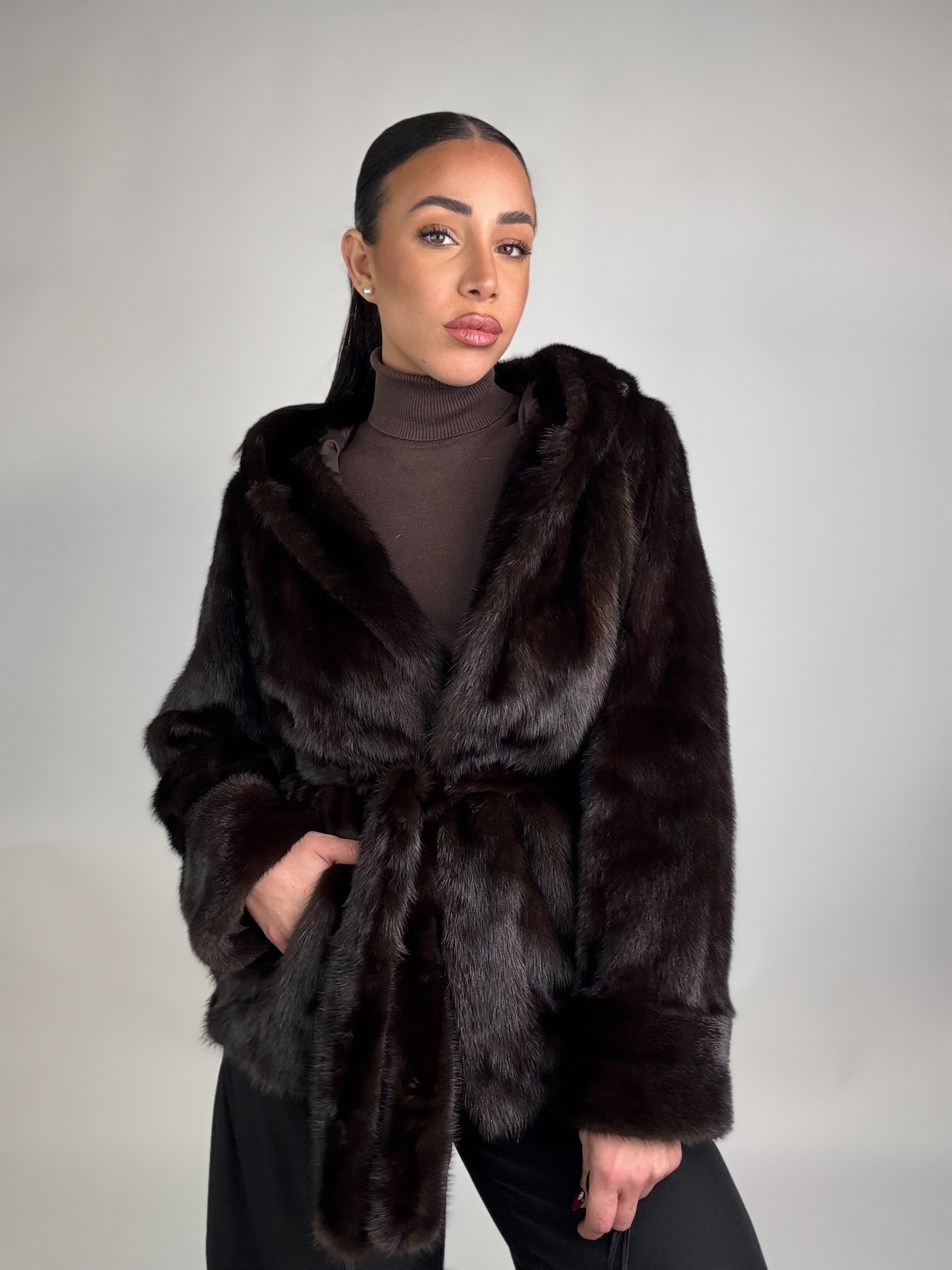 Mink jacket with belt and hood