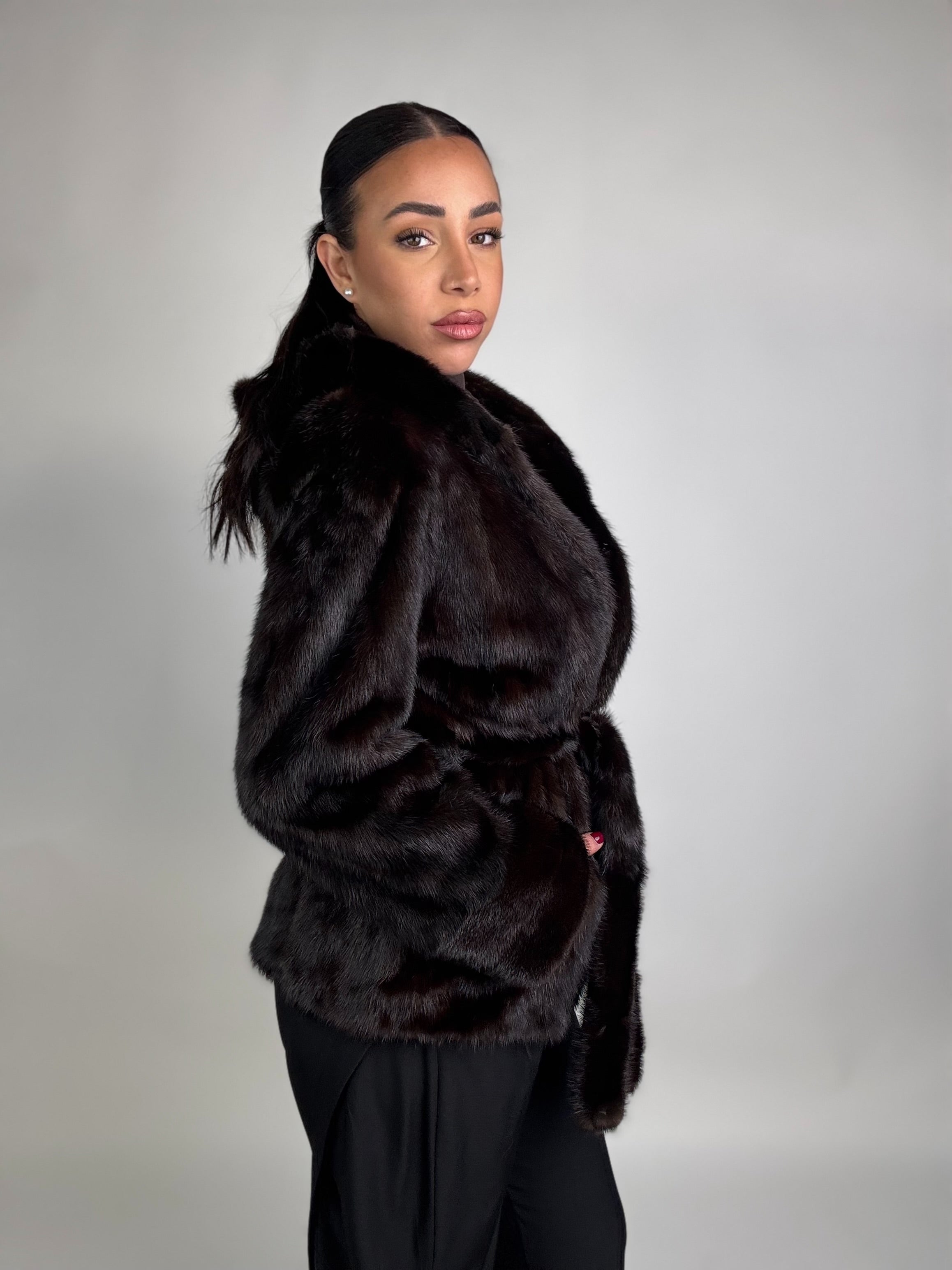 Mink jacket with belt and hood