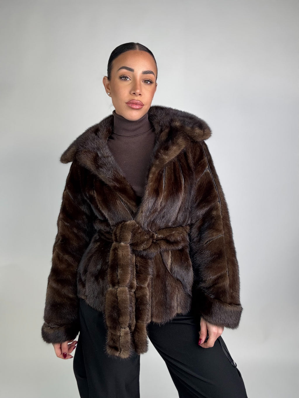 Mink jacket with belt and hood